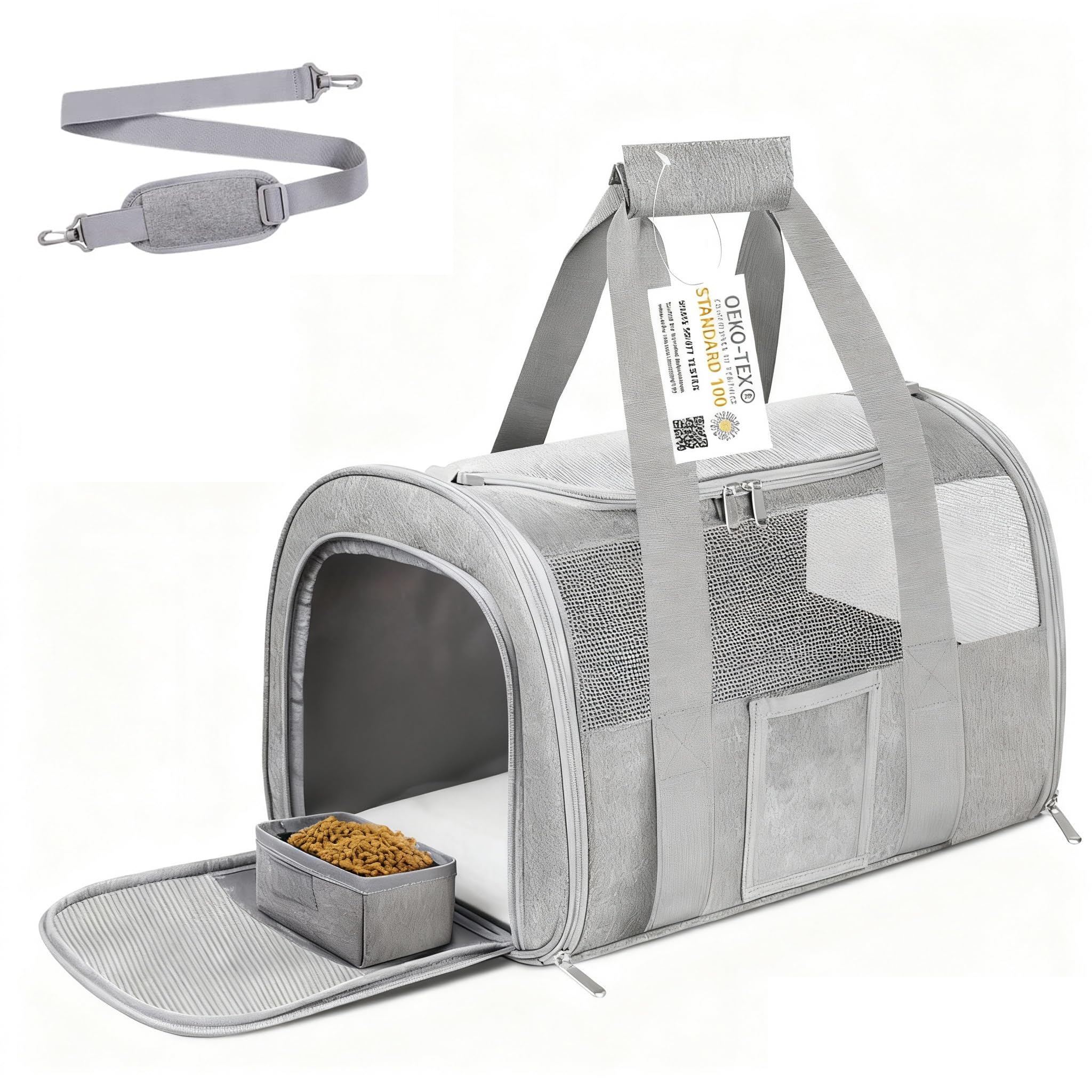 Cat Carrier Pet Dog Carrier Airline Approved for Puppy Kitten Carriers Under 15lb, Collapsible Soft Sided TSA Approved Travel Carrier-Grey