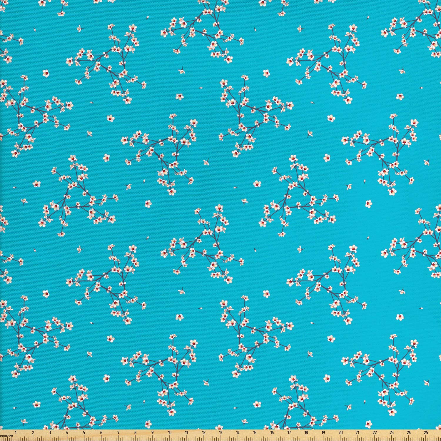 AmbesonneJapanese Sakura Fabric by The Yard, Simplistic Inspired Twigs of Blossoming Cherry Flowers, Decorative Fabric for Upholstery and Home Accents, 3 Yards, Turquoise Blue