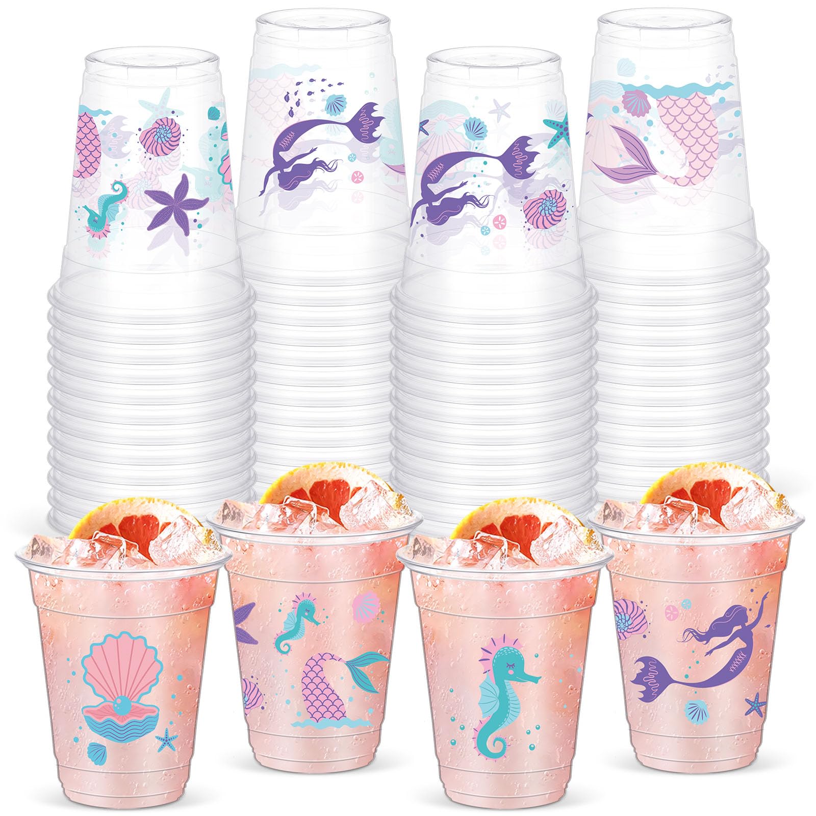 Yaomiao 50 Pieces Mermaid Party Cups Bulk 12 Oz Disposable Plastic Under the Sea Drinking Cups Mermaid Tail Shell Starfish Beverage Mugs for Ocean Birthday Baby Shower Party Supplies (Cute)