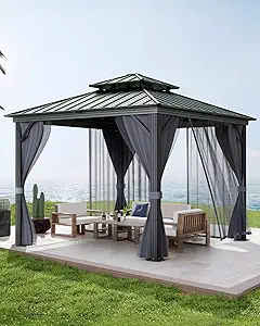 Hardtop Gazebo 12'x12' for All Weather, with Double Metal Roof, Aluminum Alloy Frame, Net, and Curtain, Permanent Building for Patio, Deck, Backyard, Lawn, and Garden, Gray