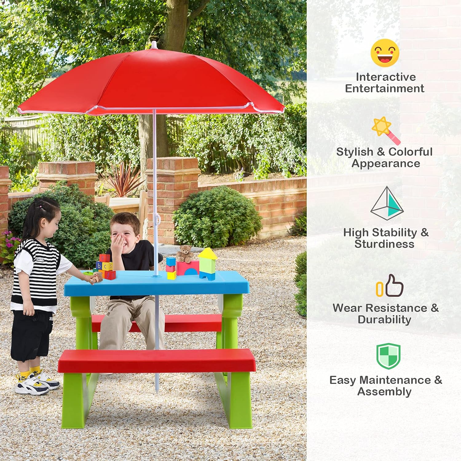 Rainbow Delight Collapsible Kids' Picnic Table with Adjustable Umbrella