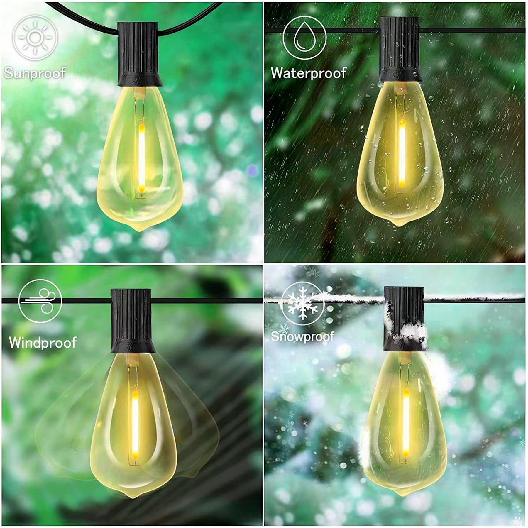 Guirnalda de luces LED para exteriores con 26 bombillas de plástico Edison de 50 pies (1 repuesto), luces colgantes impermeables para patio, porche, balcón, decoración de fiesta