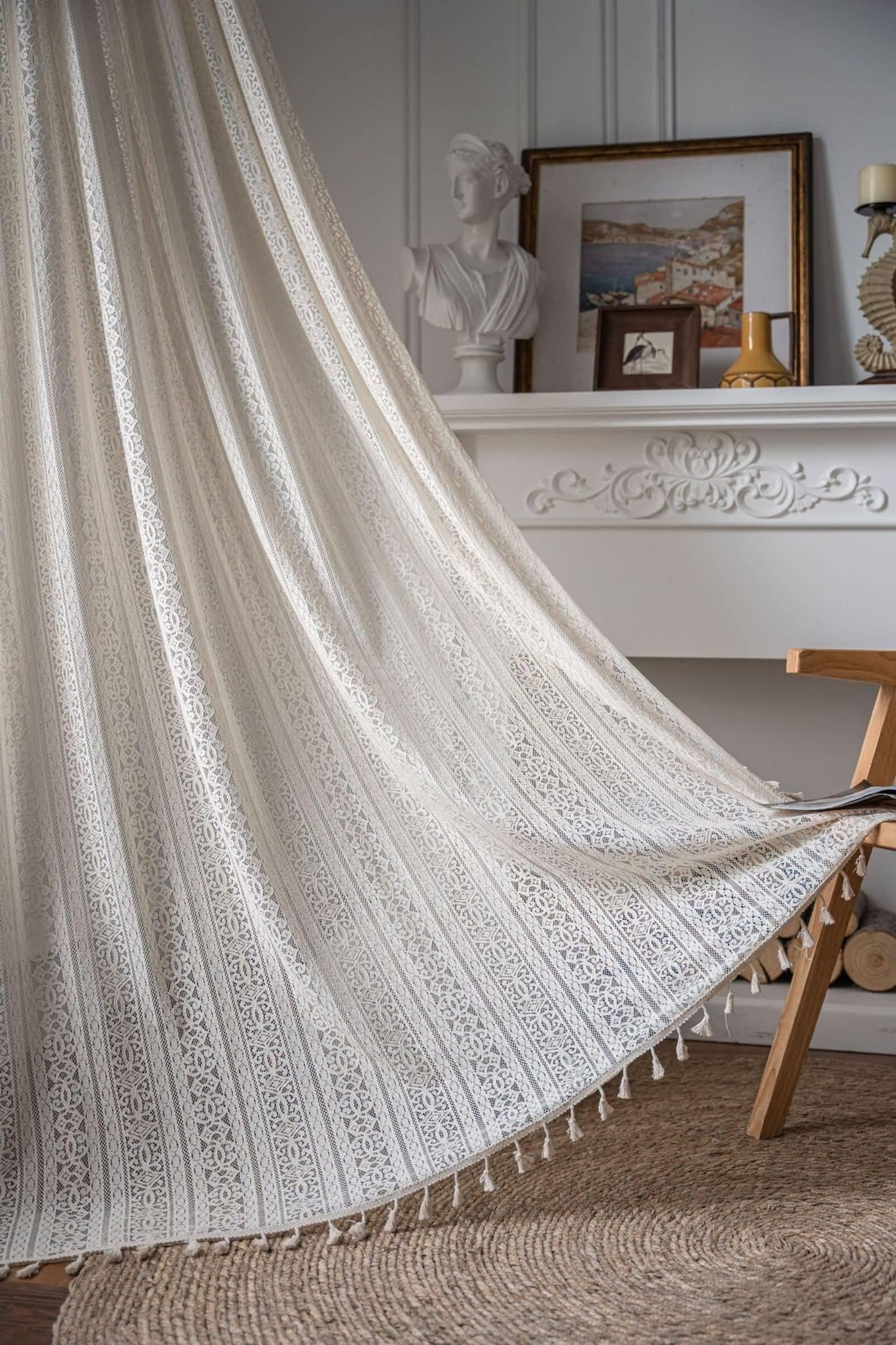 Voile Vorhang mit Ösen, Halbtransparente Vorhänge aus gestrickter Spitze mit Quasten als Dekoration für Zimmer aus Nylon Baumwolle, Beige-Ösen, 150x180CM-2 STÜCK