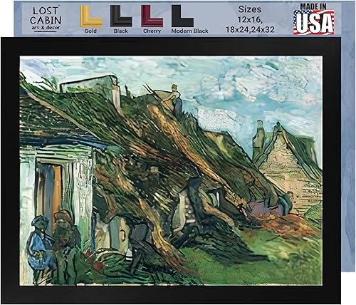 Miniatura 1 de Cabaña perdida con paja arenisca cabañas en Chaponval 2 por Leonardo Da Vinci  Impresión en marco plano negro  Reproducción de pintura de obra fina