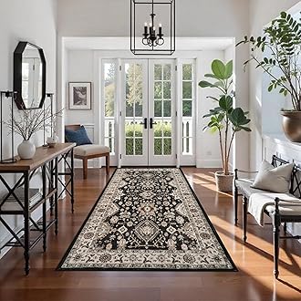 Washable Hallway Runner Rug 4x8: Non Slip Runner Rugs with Rubber Backing Soft Kitchen Rug Farmhouse Distressed Carpet Runner for Living Room Bedroom Bathroom (Black/Green, 4X8)