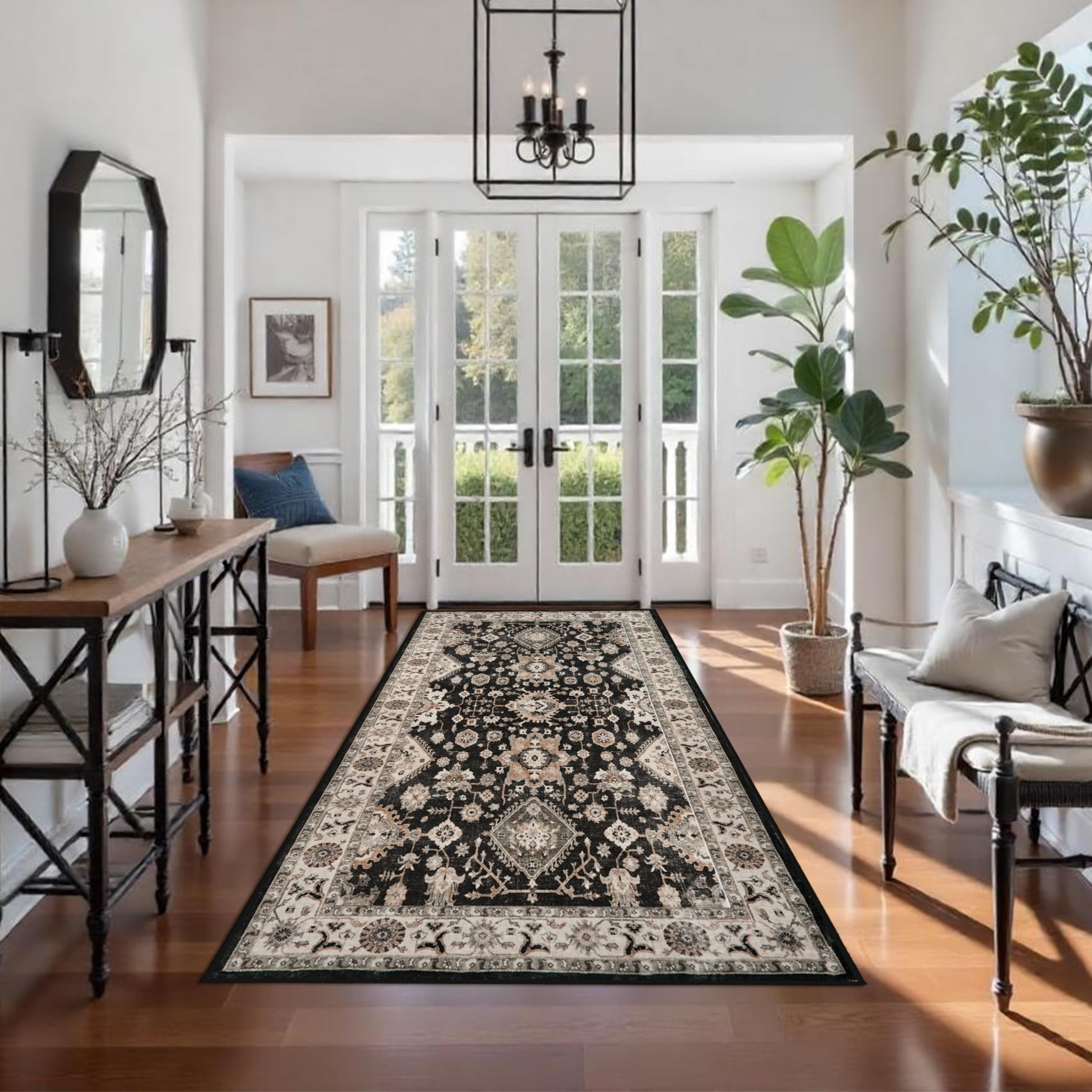 Washable Hallway Runner Rug 4x8: Non Slip Runner Rugs with Rubber Backing Soft Kitchen Rug Farmhouse Distressed Carpet Runner for Living Room Bedroom Bathroom (Black, 4X8)OEKO-TEX STANDARD 100