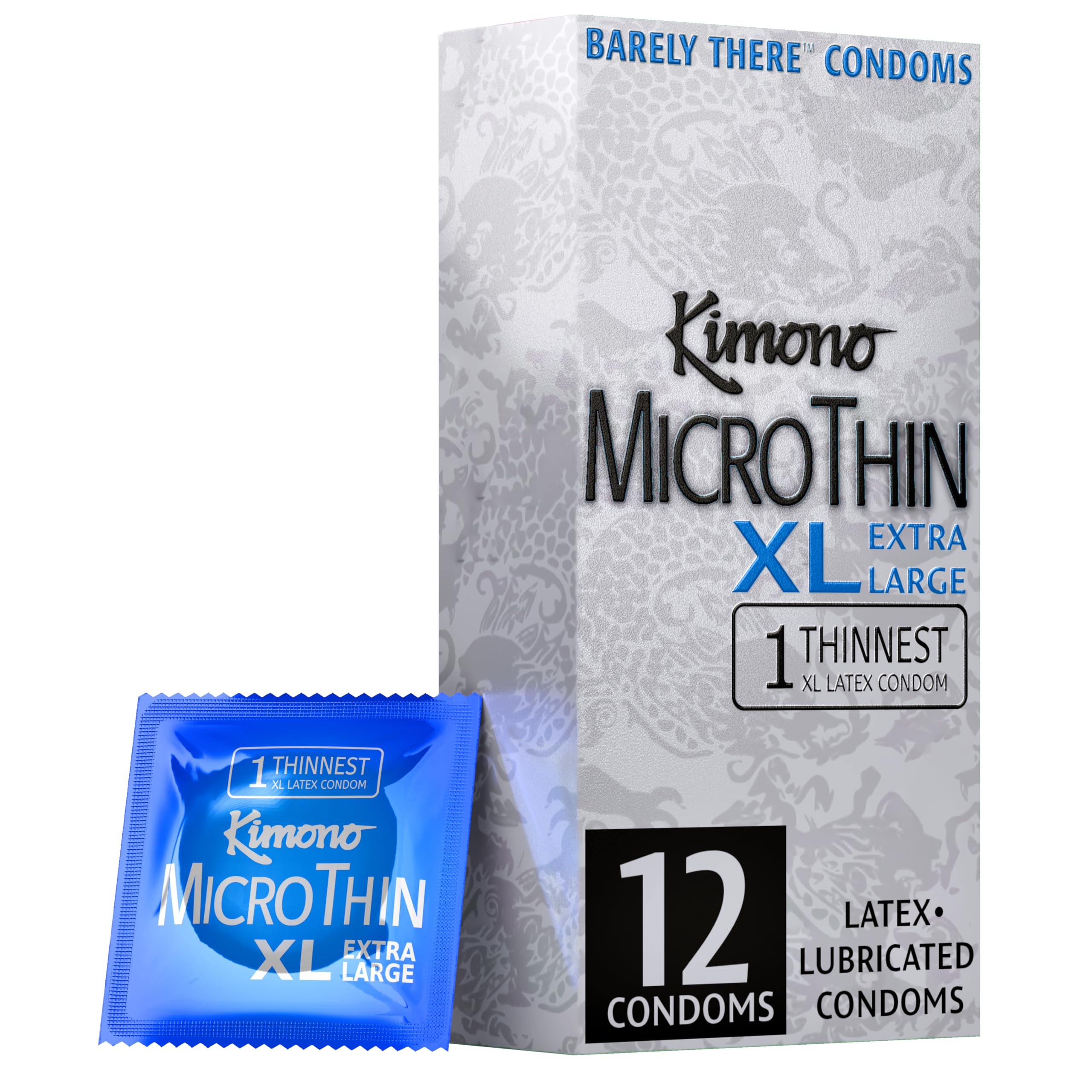 Kimono MicroThin XL Pack of 12 - Ultra Thin Lubricated Condoms, Natural Latex, Vegan-Friendly, No Latex Odor, Extra Thin, Widest-Base - Enhanced Sensitivity