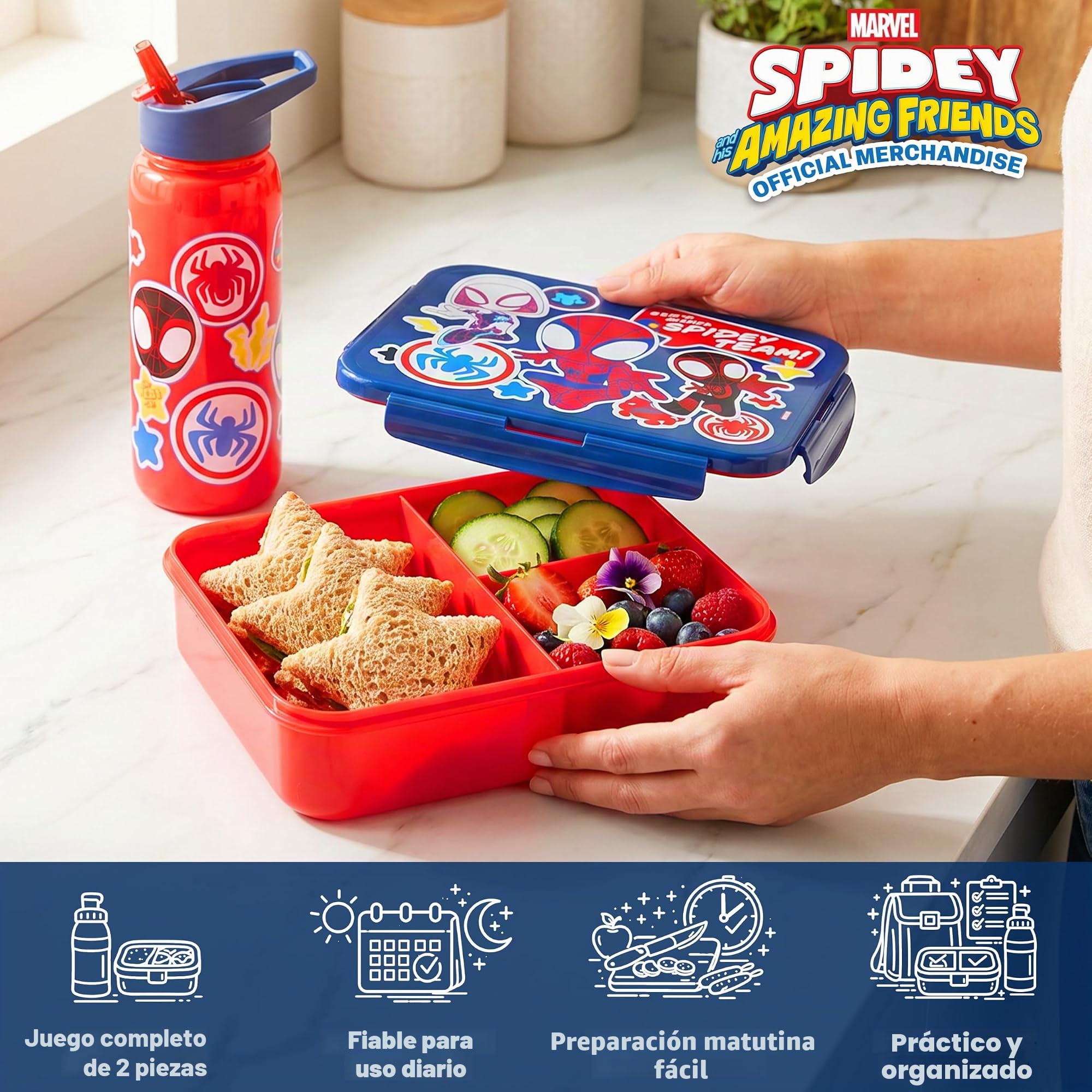 Get Trend Marvel Spidey Fiambrera y Botella Niños 580 ml Set, Lunch Box 1,75 L con Compartimentos, Apta para Lavavajillas y Micro, Libre de BPA, Bento Box Escolar Almuerzo Picnic y Ocio (Multi Spidey)