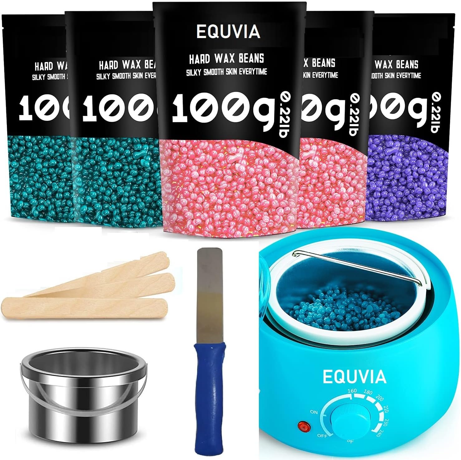 Wax Heater Machine Hard Wax Warmer, Wax Heater with Hair Removal Wax Beans(100 Grams) and Wooden Chips for Hard, and Wax Knife Paraffin Waxing Kit for Women And Girl - Color May Vary, 1 Set