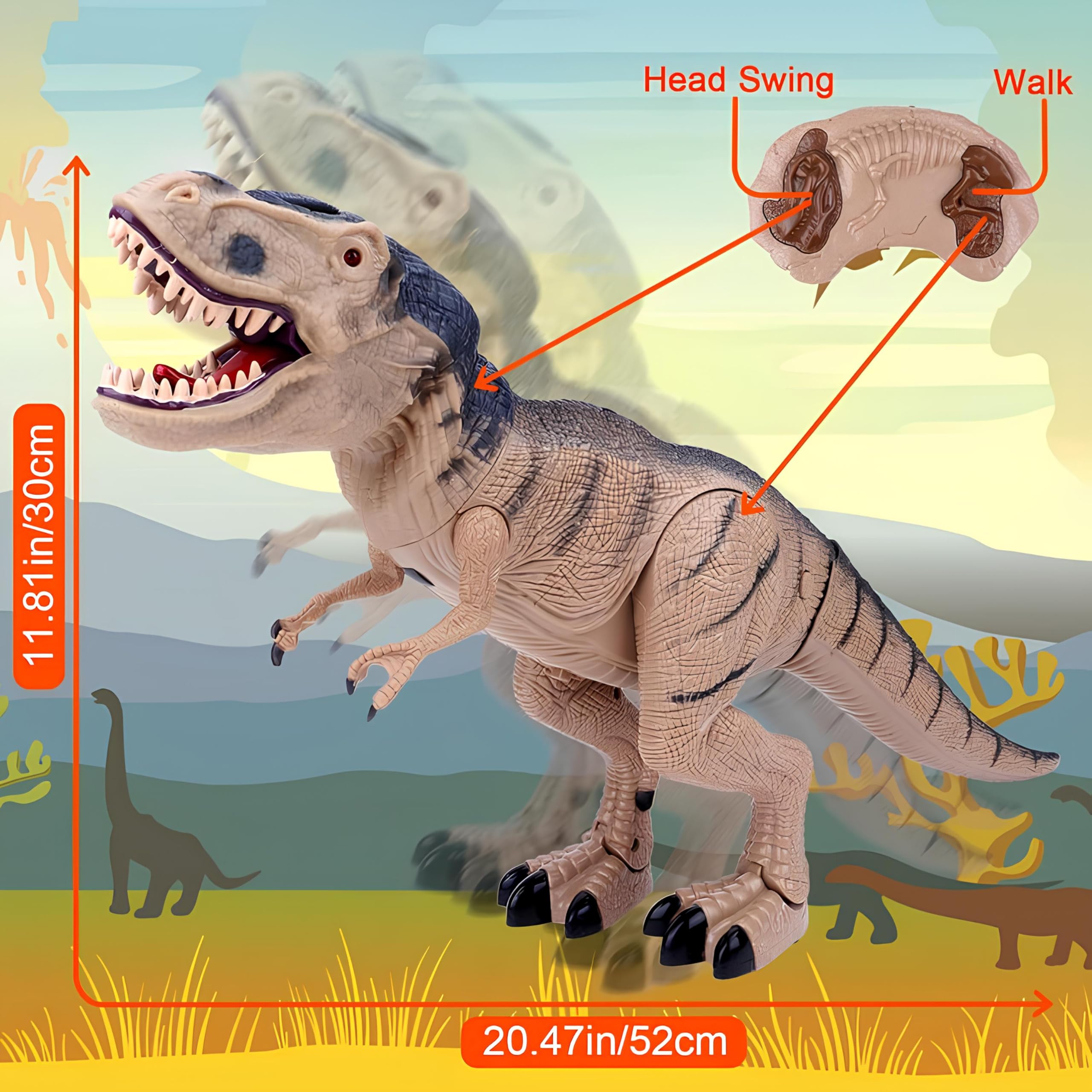 Dinosauro Telecomandato Gigante cm 53 con Effetto Fumo dalla Bocca Luce LED e Suoni Reali RC Dinosaur Tirannosauro T Rex Cammina e Ruggisce Realistico T-Rex Dinosauro Elettrico Gigante Giocattolo