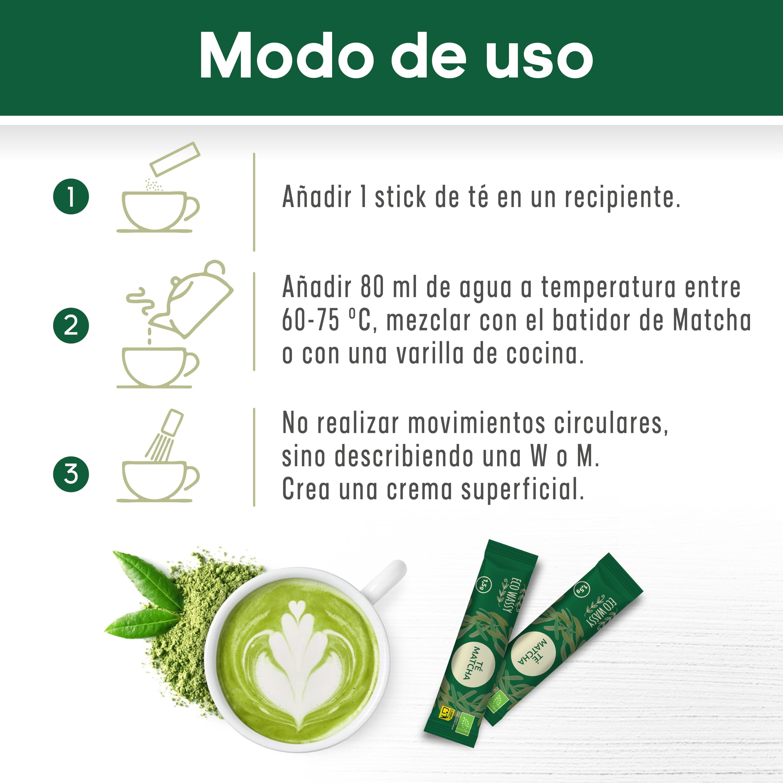 Te Matcha Certificado JAPONES. 50 Dosis Grado CEREMONIAL. 50 Sticks Individuales, Para Trasladar Facilmente. Matcha En Polvo 100% Natural. Reductor, Detox y Antioxidante. (50 Sticks, 50, unidad)