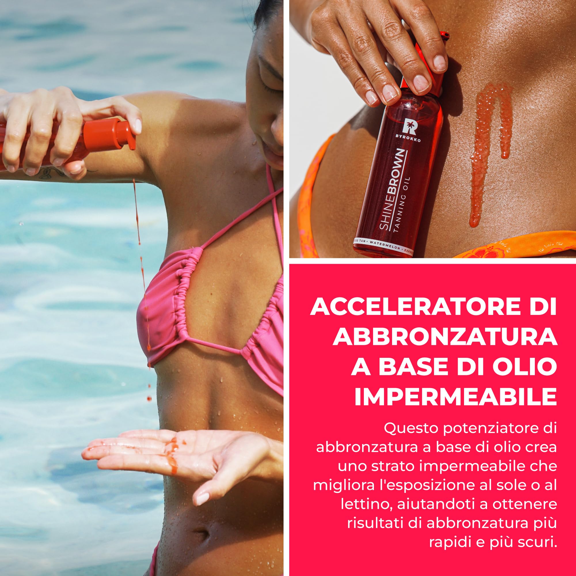 BYROKKO Shine Brown Watermelon Olio Abbronzante Solare (145 ml), Acceleratore di Abbronzatura super rapido, efficace al Sole e nei Lettini Solari, con formula resistente all’acqua
