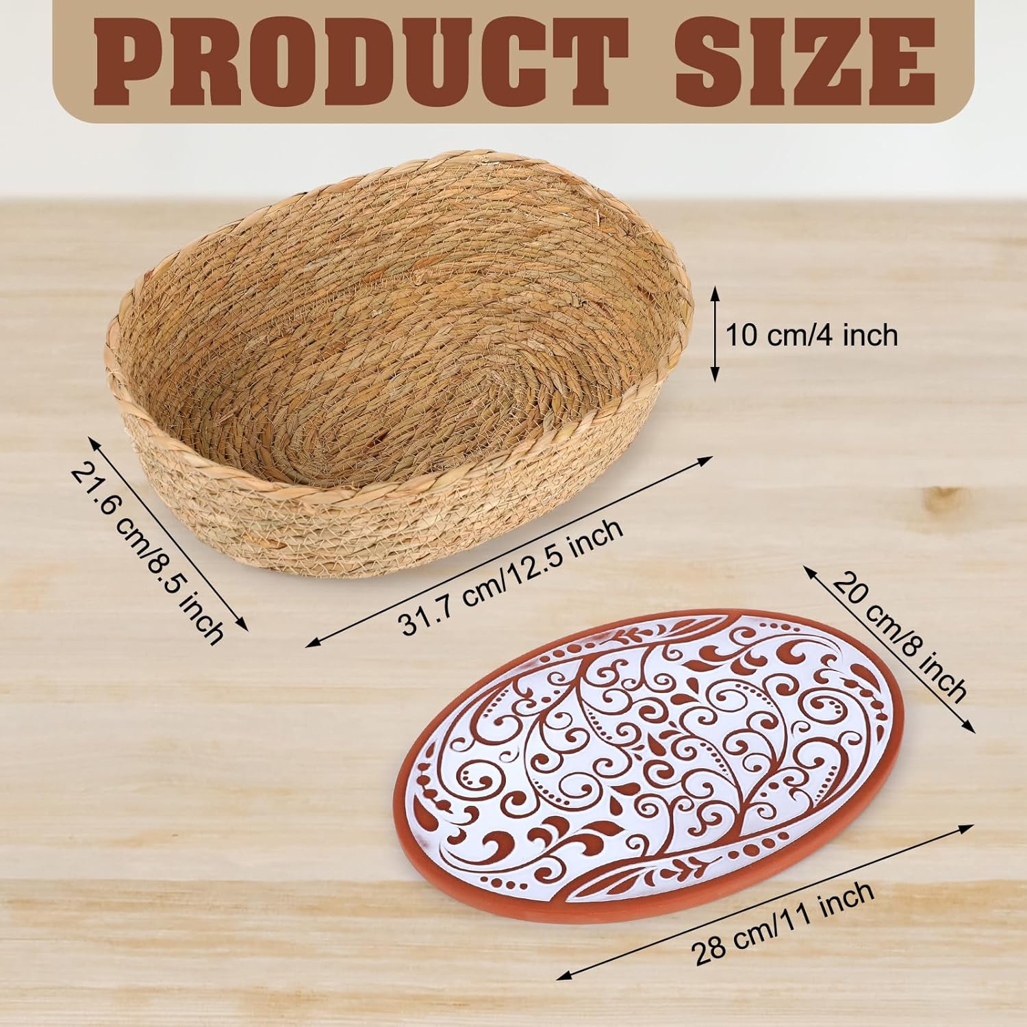 Qinyoung Bread Warmer Basket Set with Terracotta Warming Stone - 12.5"x8.5" Basket for Serving Tortilla, Sourdough & More - Perfect for House Warming, New Home & Christmas Gifts