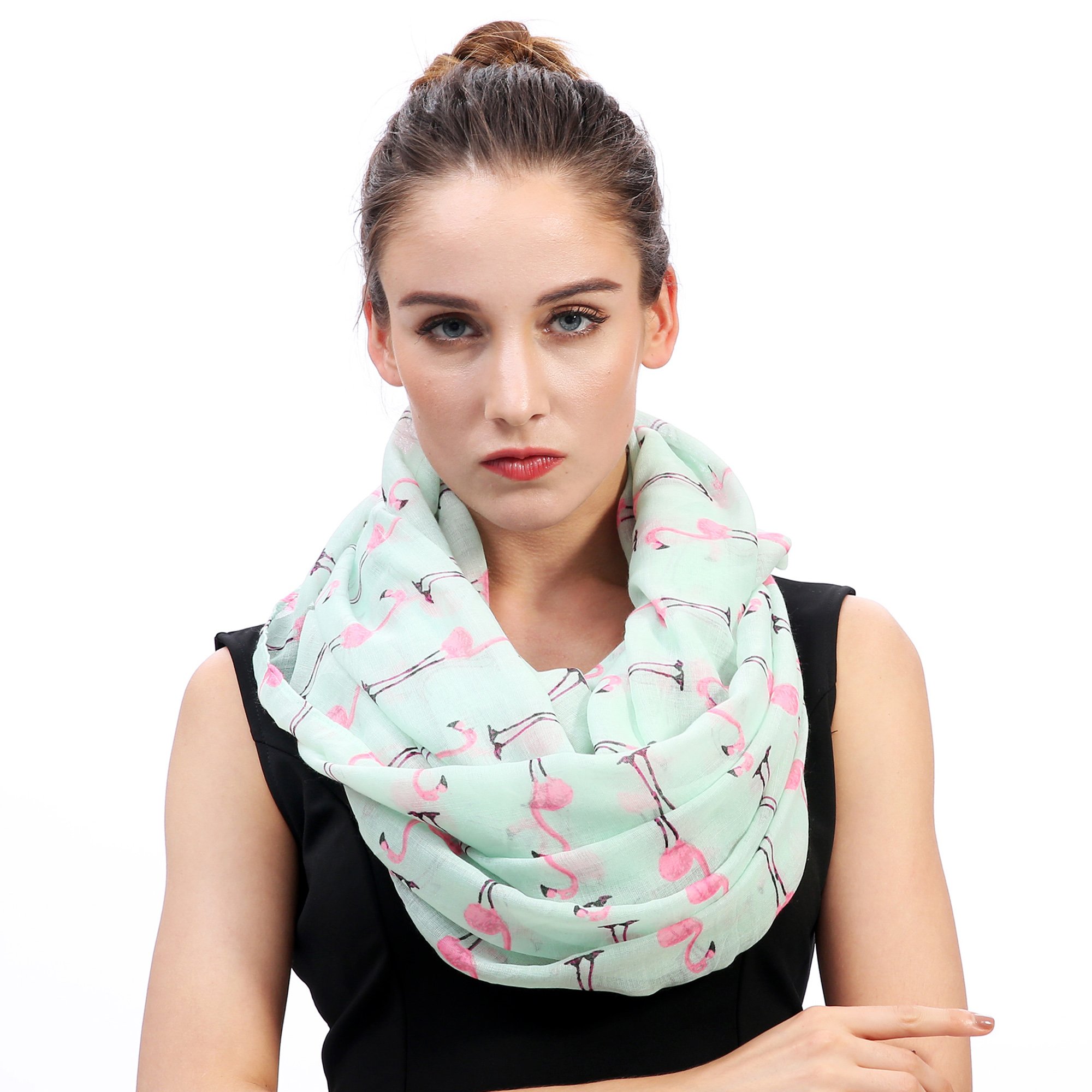 Lina & Lily Flamingo Print Lightweight Snood Scarf (Light blue)