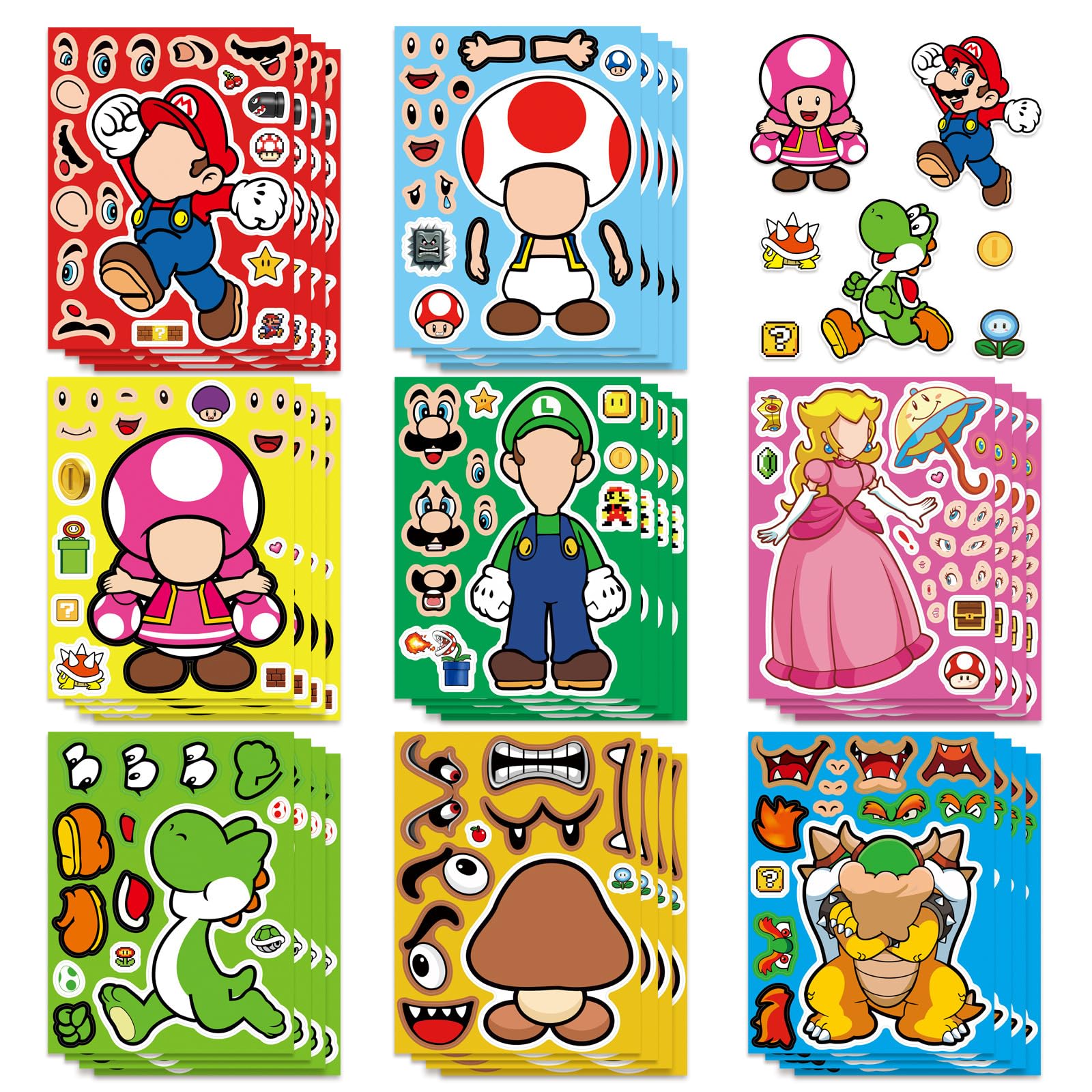 Photo 1 of 24 Sheets Make Your Own Super Mario Bros. Stickers, Make a Face Sticker, Classic Cartoon Game Decals, Art Craft Party Supplies for Party Decoration, Reward, Decor, Gift Idea (MLA)