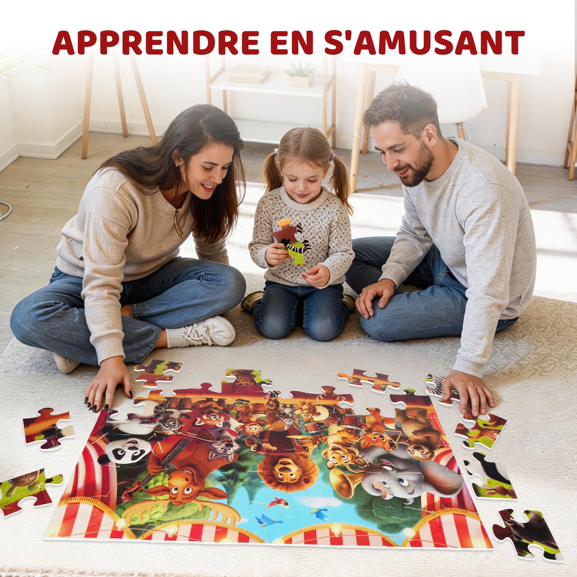 BenBen Grand puzzle de sol à partir de 3 4 ans, puzzle XXL pour enfants de 48 pièces, 90 x 60 cm, cadeau pour garçons et filles, concerts d'animaux