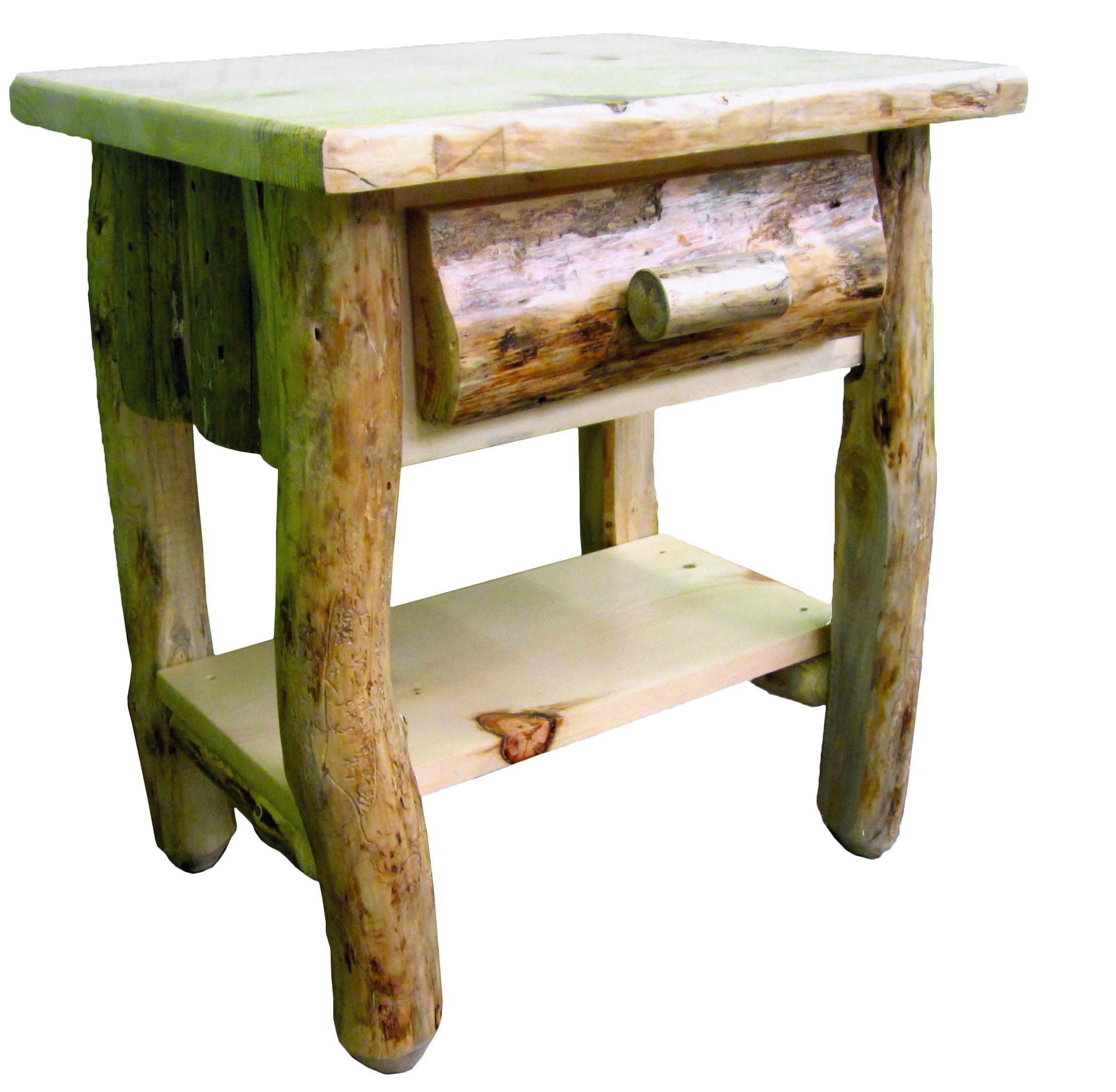 Rustic Pine Log Nightstand [1 Drawer] - Textured Light & Dark Brown/Dovetailed/Solid Wood/Amish Handcrafted in USA