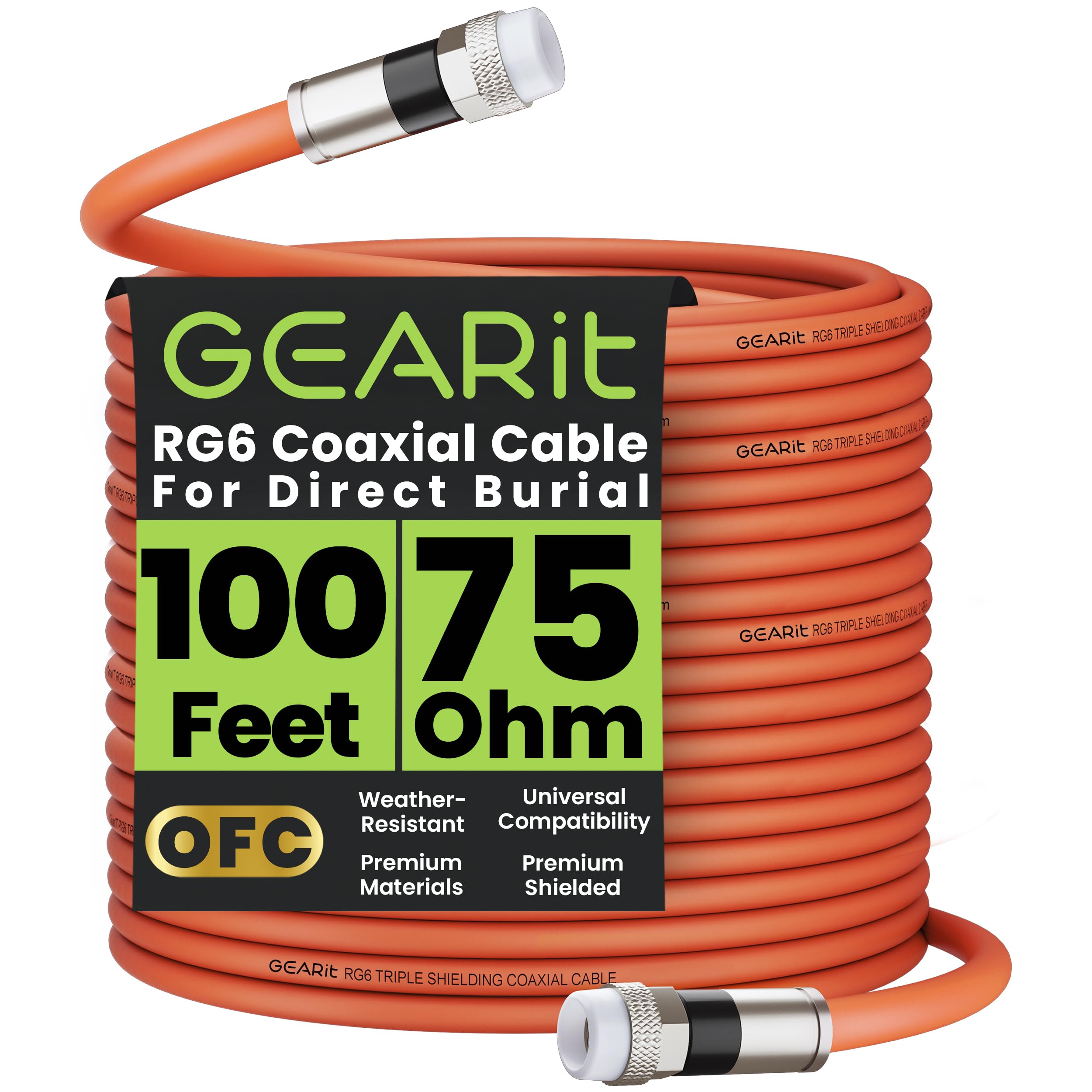 GEARit Coaxial Cable for Direct Burial (100ft) RG6 70 Ohm RF Waterproof Underground in-Wall with Rubber Boot, High-Speed Internet, Broadband, Digital TV Aerial, Satellite 100 Feet