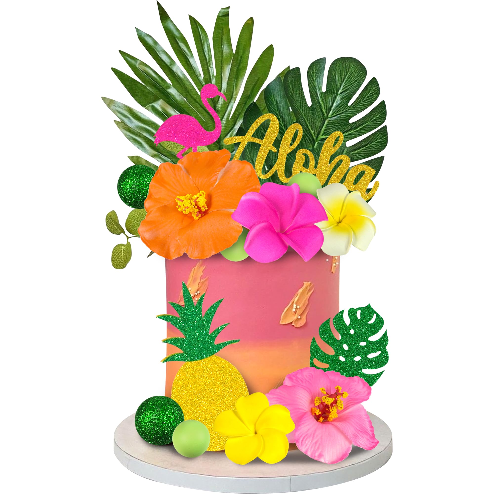 Photo 1 of 19 PCS Hawaiian Flower Cake Toppers Summer Flamingo Pineapple Cake Decoration with Palm Leaves and Hibiscus Flower for Aloha Themed Party Supplies