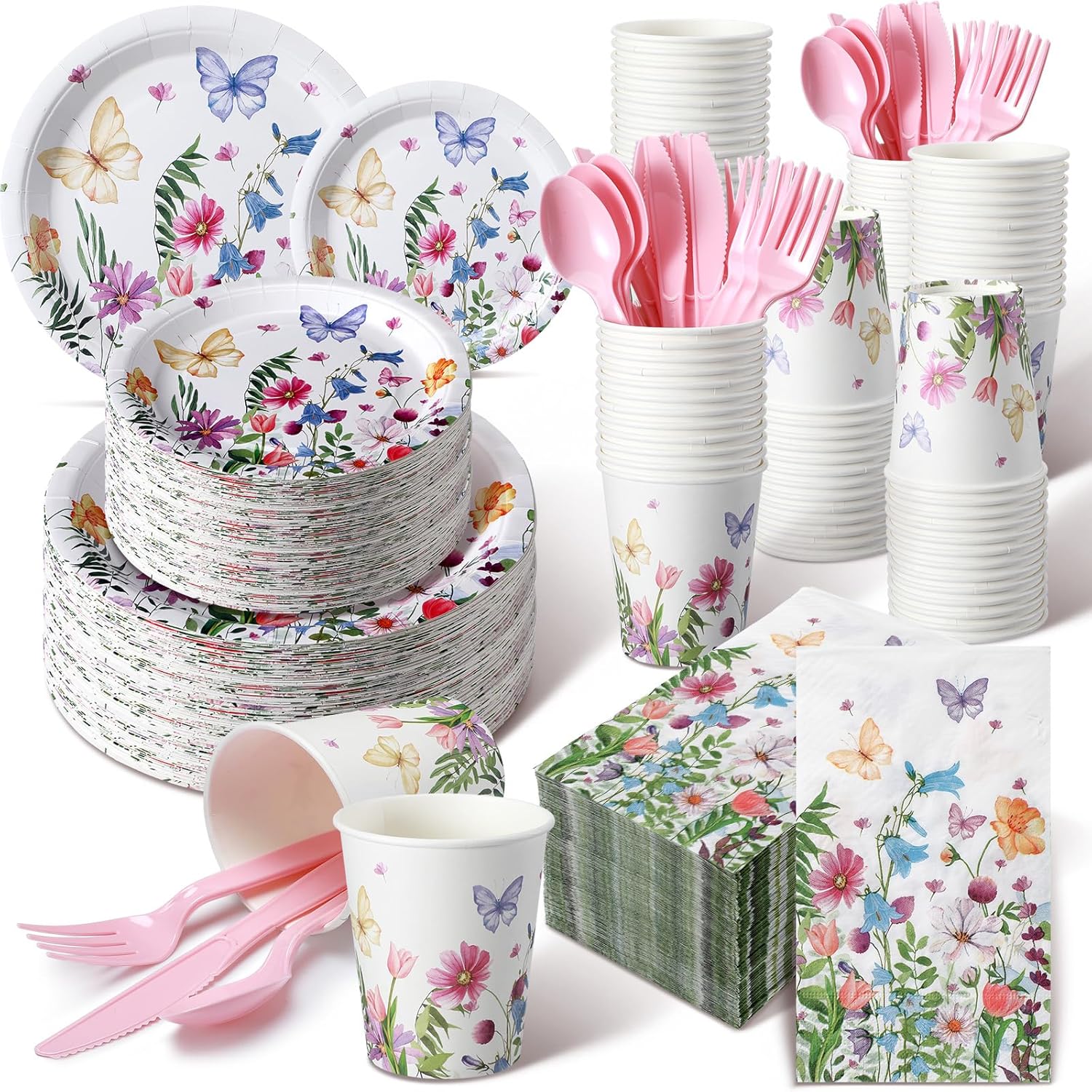Sinmoe 400 Pcs Spring Plates and Napkins Set Paper Flower Dinnerware Disposable Party Supplies for 50 Guest Dinnerware Knife Fork Spoon for Spring Birthday Party (Popular Color,Wildflower)