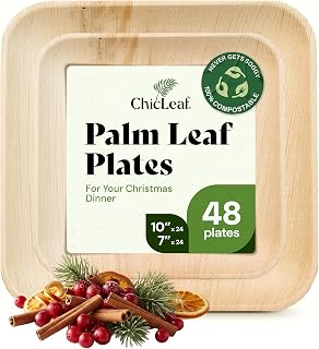Chic Leaf Compostable & Biodegradable Palm Leaf Disposable Bamboo Plates - Disposable Party Plates for Appetizers - Christmas Meal Dinner, Turkey Holiday Food - Reusable Supplies (10 & 7 Inch Square)