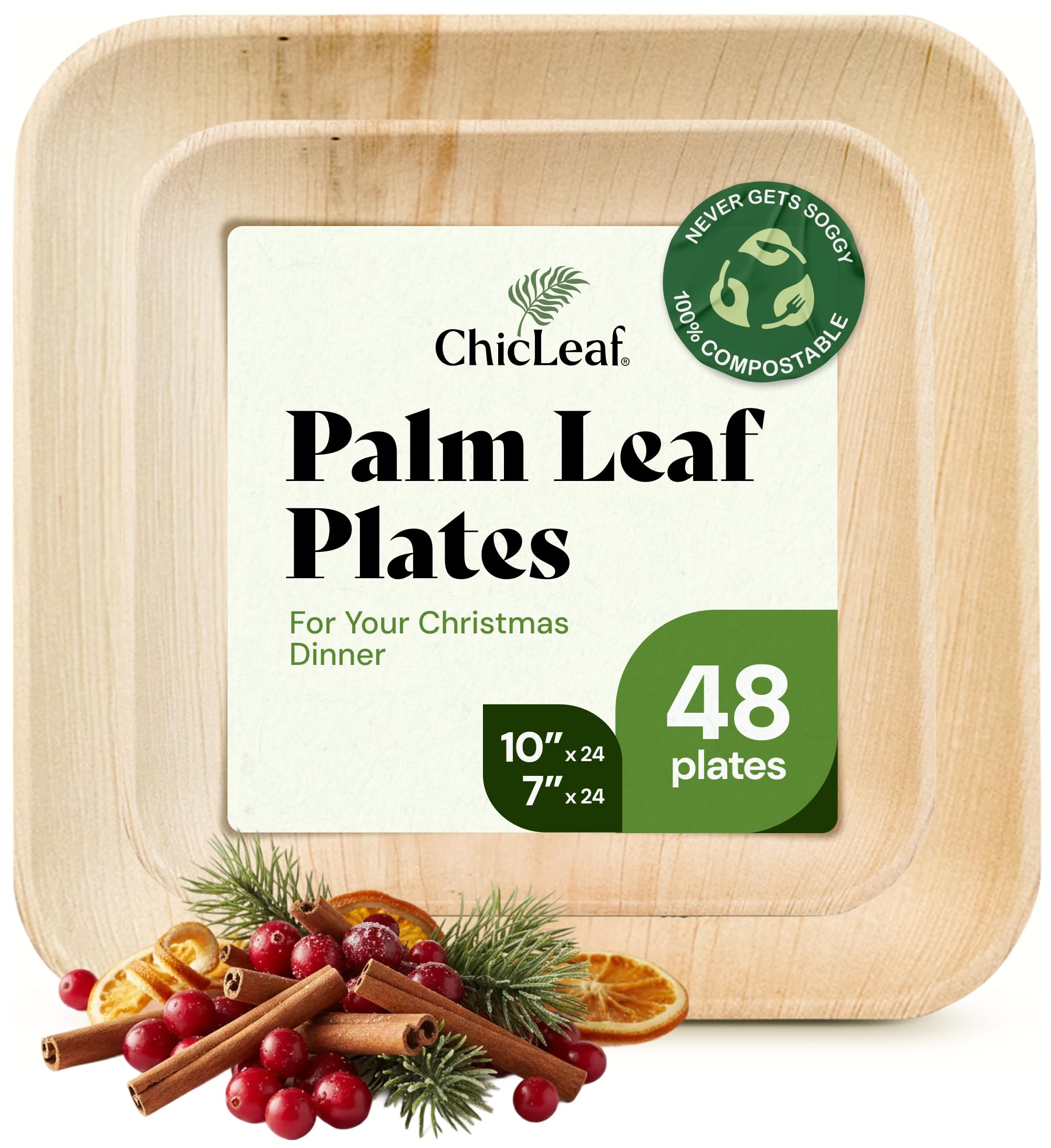 Chic Leaf Compostable & Biodegradable Palm Leaf Disposable Bamboo Plates - Disposable Party Plates for Appetizers - Christmas Meal Dinner, Turkey Holiday Food - Reusable Supplies (10 & 7 Inch Square)