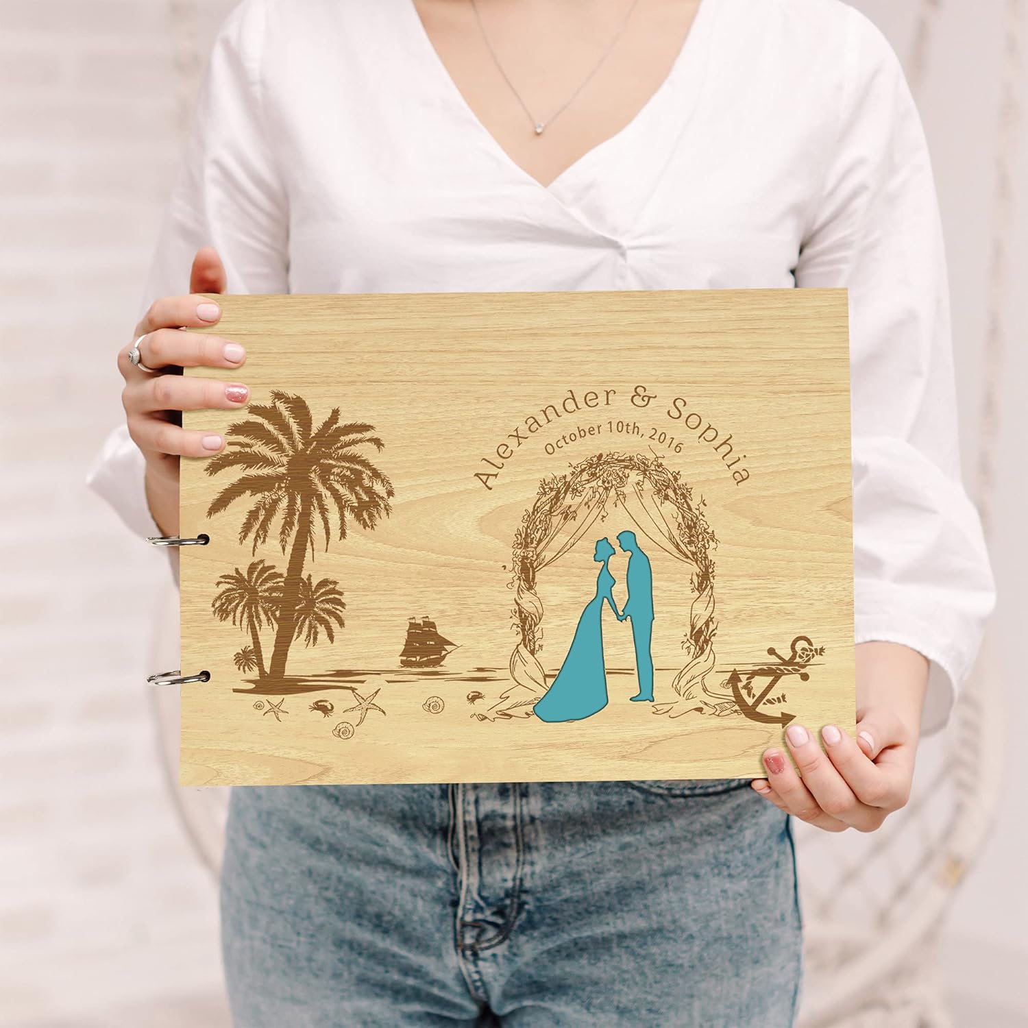 Darling Souvenir Personalized Engraved Laser Cut Wedding Guest Book Wooden Cover Sign-in Book Registry Guestbook Scrapbook-GN