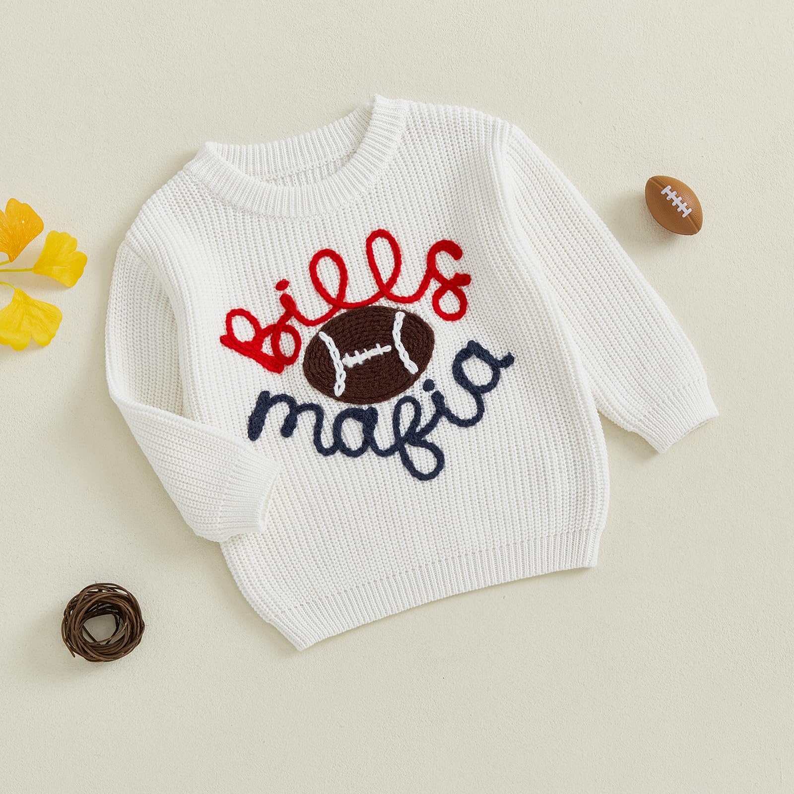 Toddler Baby Girl Boy Knit Football Sweater Long Sleeve Pumpkin Sweasthirt Fall Winter Clothes Football Outfit (White Football, 9-12 Months)