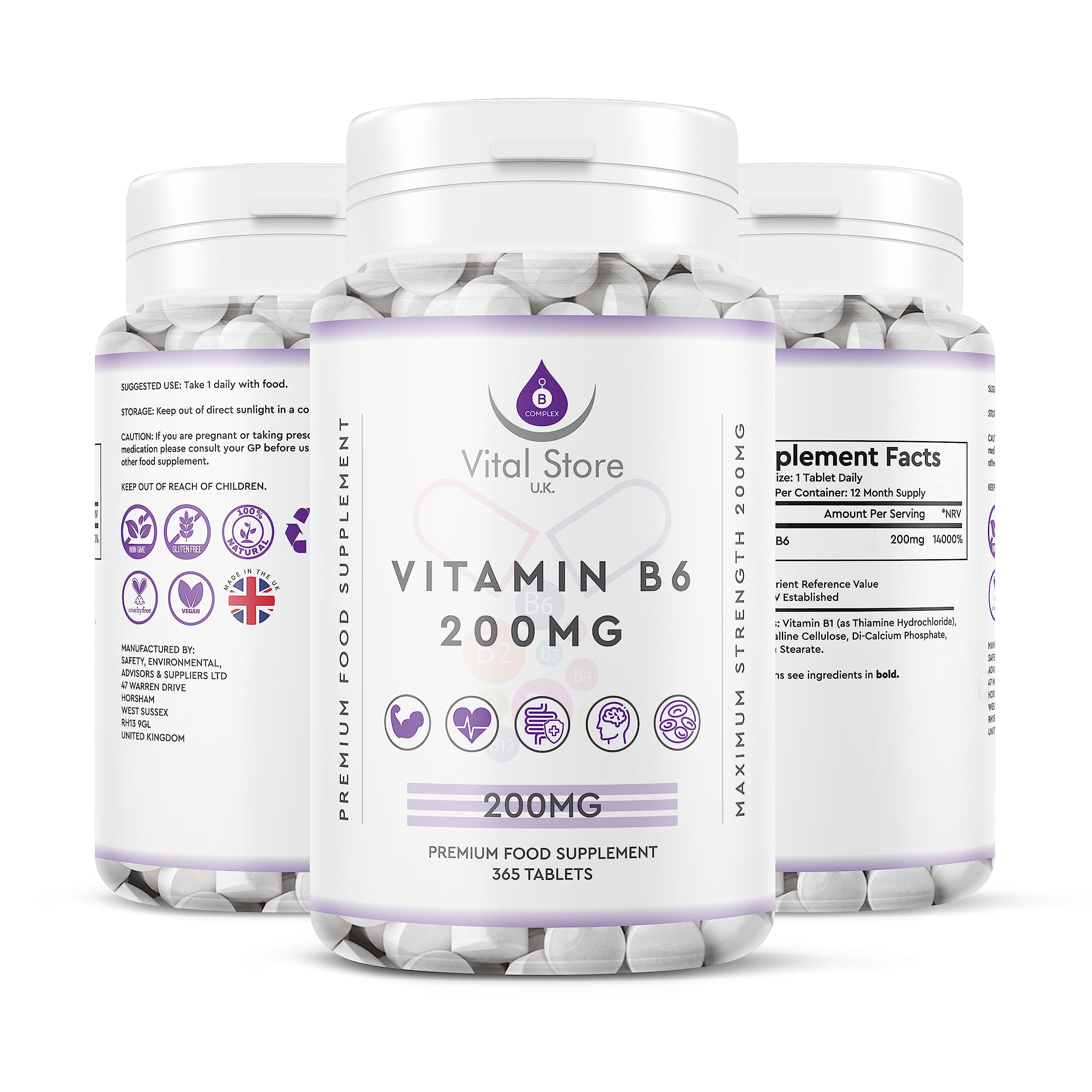 Vitamin B6 200 mg High Strength 365 Tablets Vegan Tablets 1 Year Supply – Gluten Free Supplements for Red Blood Cell Formation, Dietary Supplement for Your Immune and Nervous System