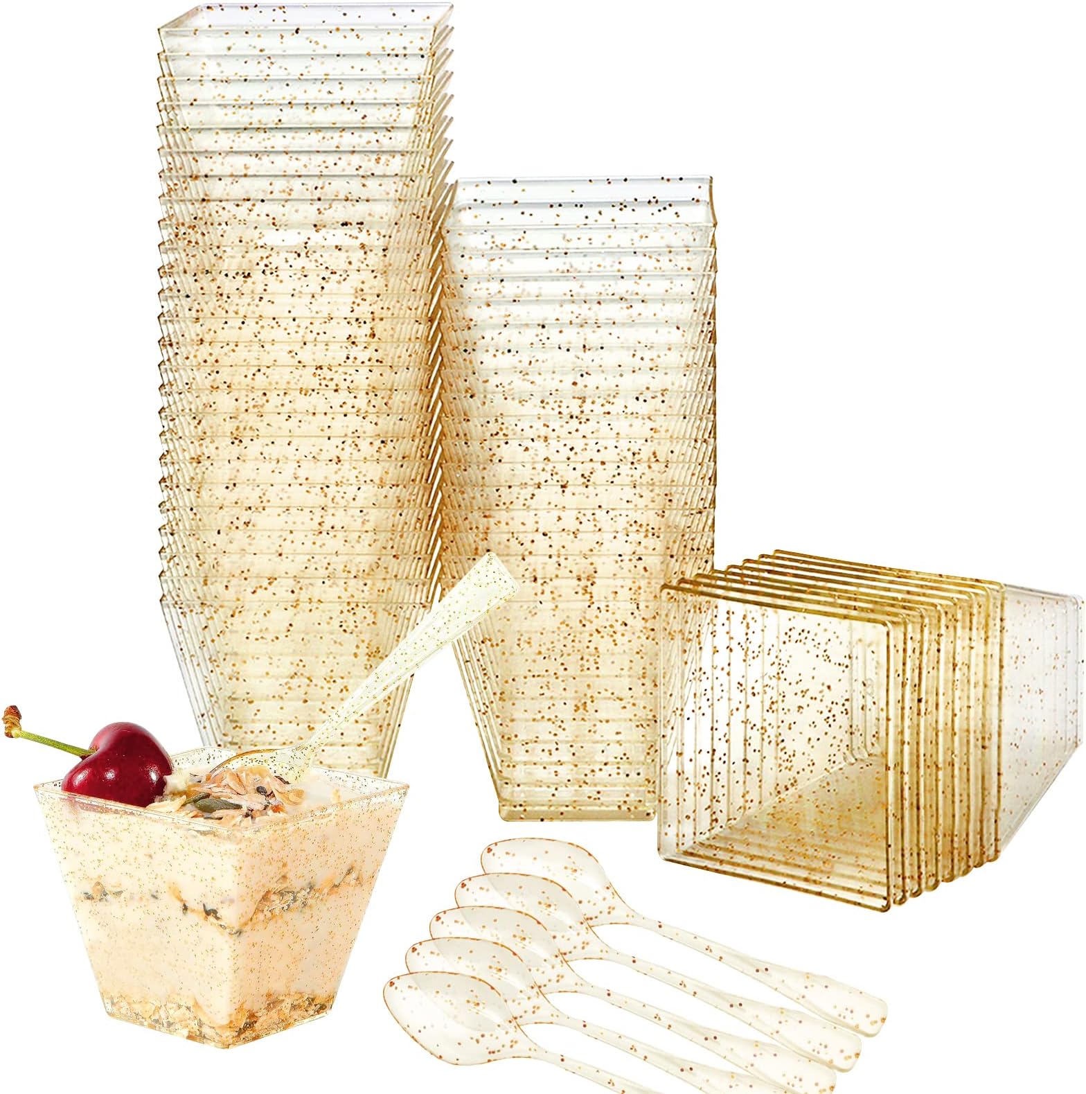 PALUDO 100 Pack Mini Dessert Cups with Spoons, 60ml Reusable Clear Square Plastic Dessert Cups