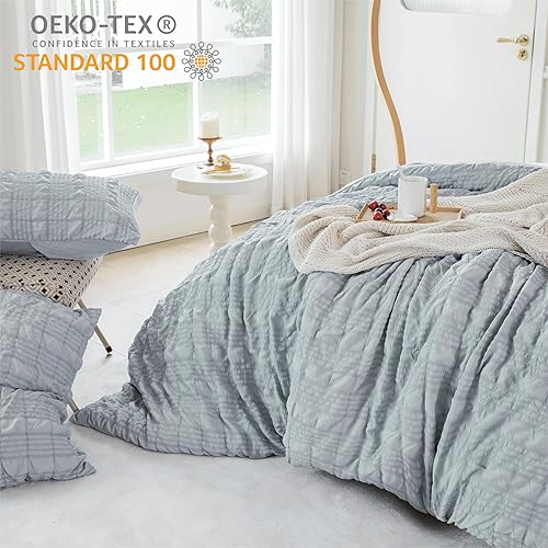 Miniatura 2 de Auemtyn Funda de edredón tamaño individual, funda de edredón suave azul cepillado con cierre de cremallera, ropa de cama bohemia de 2 piezas para