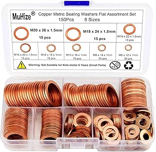Copper Washers - 150PCS 8 Sizes Upgraded Copper Metric Sealing Washers Flat Washers Assortment Kit (M6 M8 M10 M12 M14 M16 M18 M20)