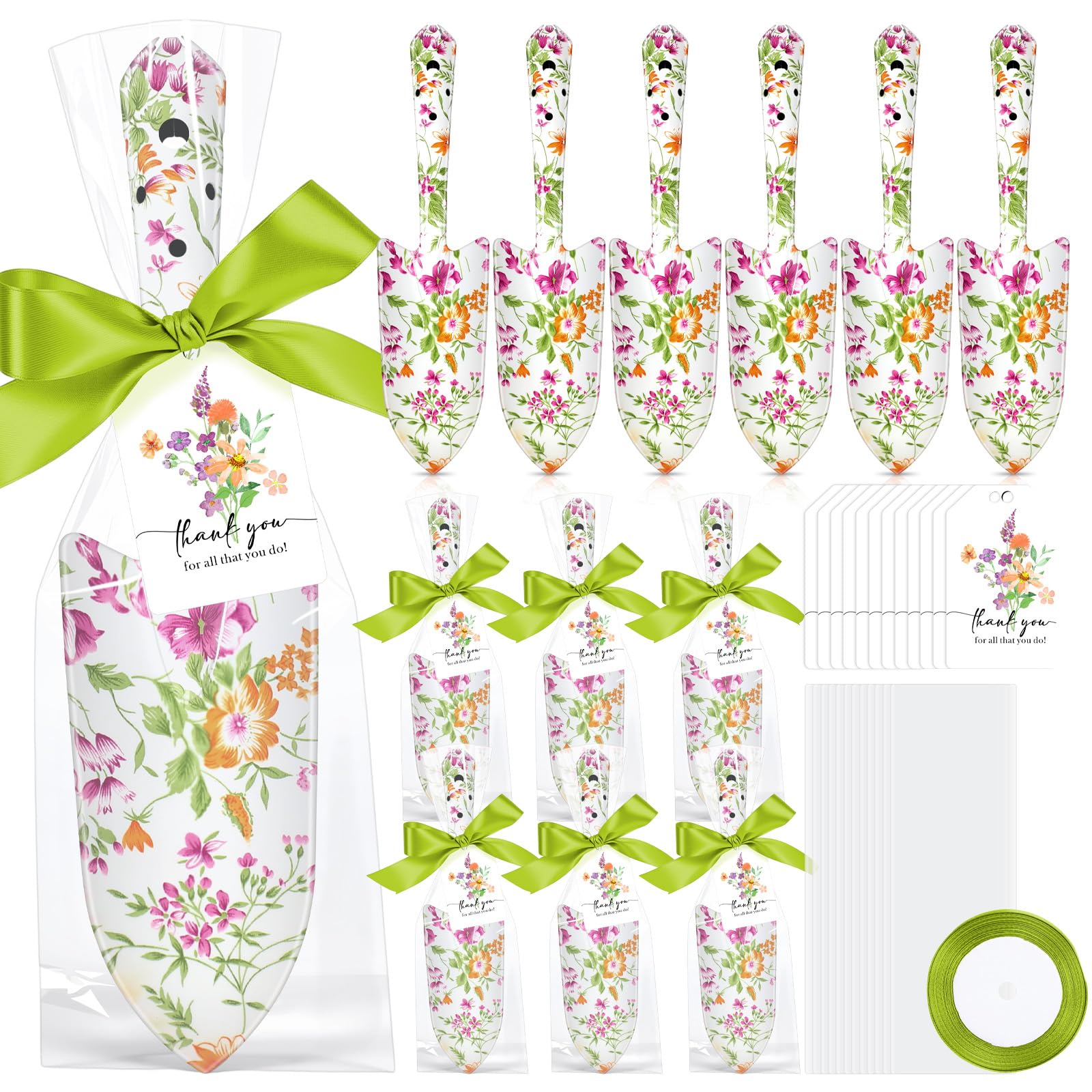 Capoda 12 Sets Floral Garden Shovels Bulk Gardening Gift for Women Garden Tools Floral Hand Heavy Duty Christmas Trowels Thank You Cards with Bags for Mom Gift Birthday Teacher(Green,Classic)