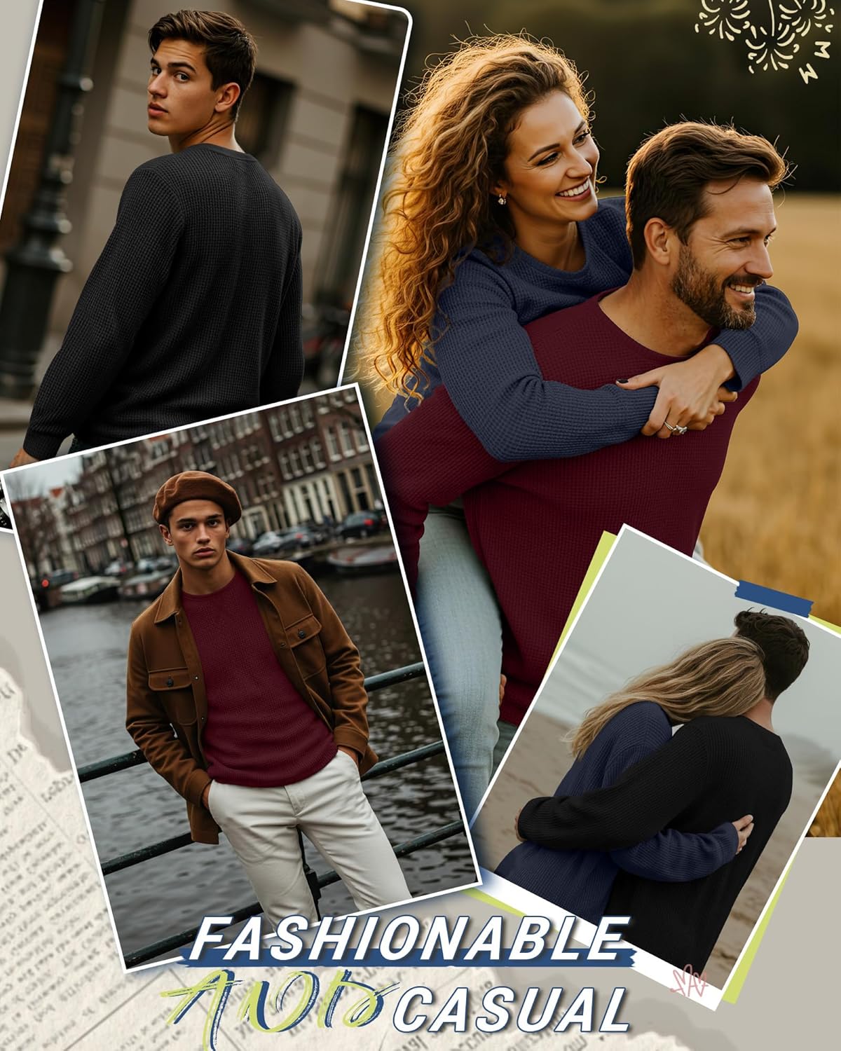 3 Pack Men's Waffle Long Sleeve Shirts, Crew Neck Thermal Textured Underwear Tops Lightweight Pullover Sweaters - Image 2