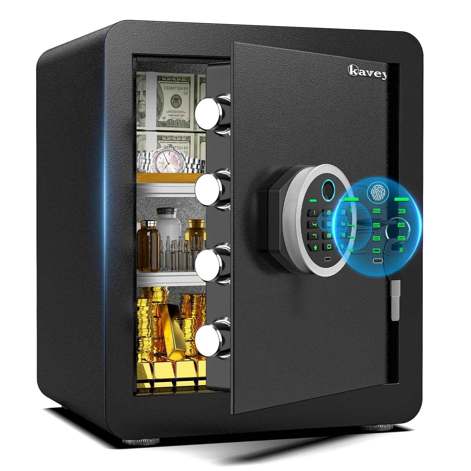 Kavey 2.0 Cub Biometric Fingerprint Safe Box, Home Safe with Dual Alarm System, Money Safe With Mute Function and LED Light, Safes with Removable Shelf, Safes for Money Valuables