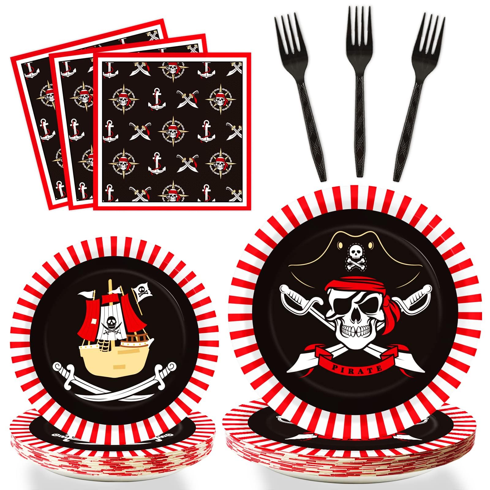 96pcs Pirate Birthday Tableware Set Pirates Party Paper Plates and Napkins Decorations Pirate ship Bone Disposable Dinnerware Supplies for Adult Teens Kids Birthday Party Favor, Severs 24