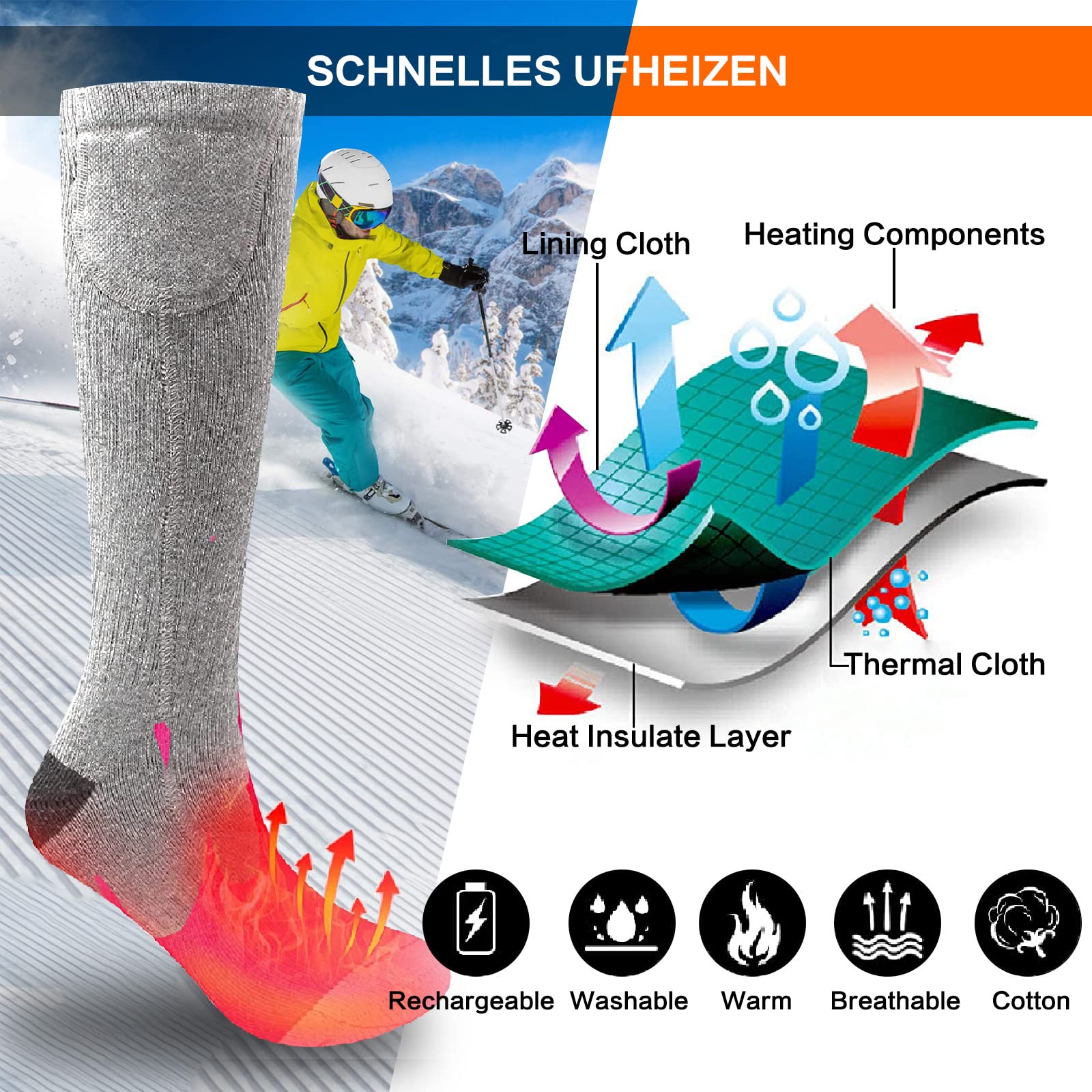 Calcetines Calefactables, Hombre Mujere Calcetines Termicos con Bateria, 2200mah Calcetines Termicos Electricos para Esquiar Motocicleta Ciclismo Acampar,Azul