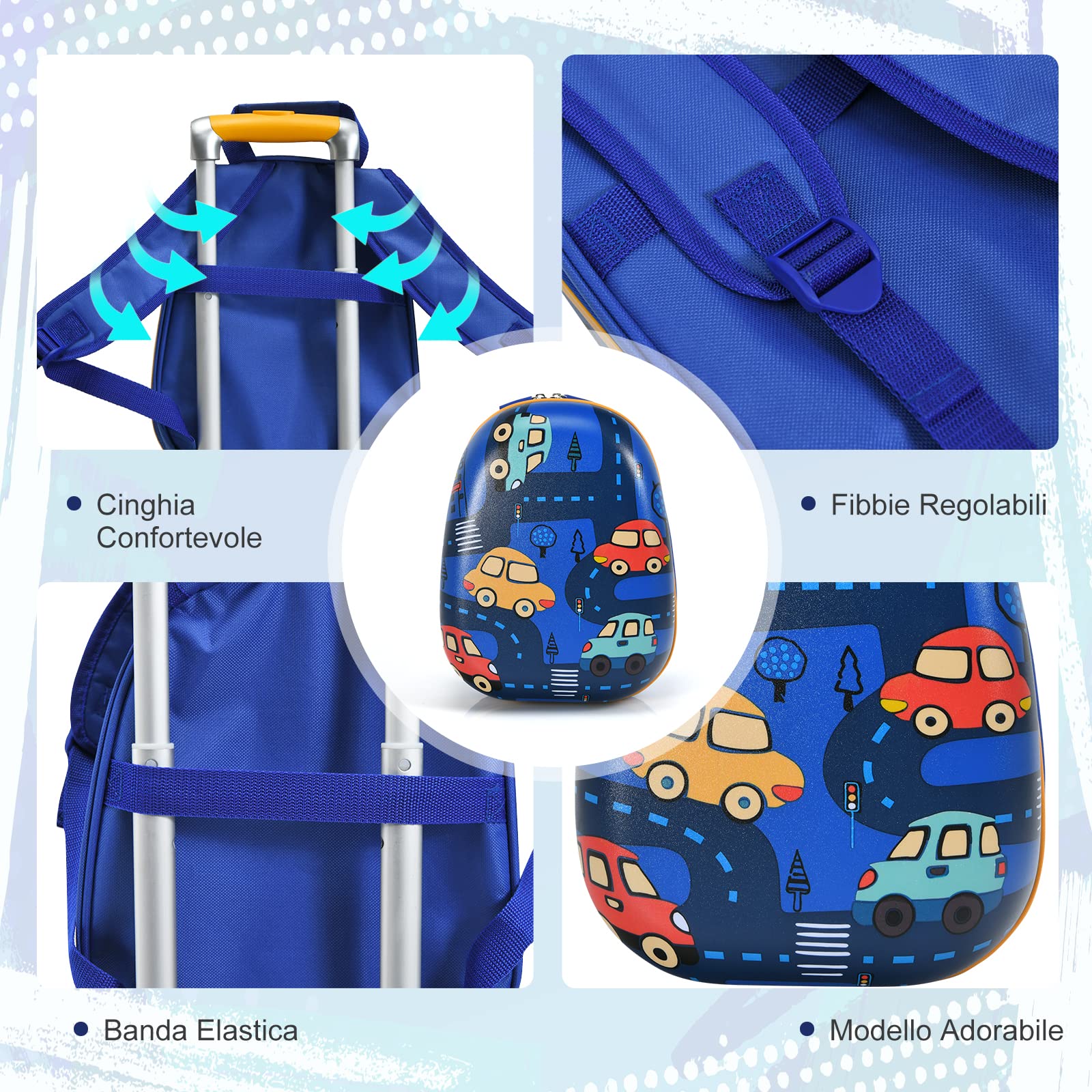 DREAMADE Trolley per Bambini, Set di Zaino + Trolley da Viaggio con Maniglia Leggero con Ruote (12"+18", Auto)