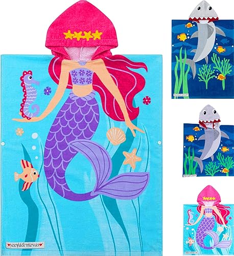 Toallas de baño para niños y niñas de 5 a 12 años con capucha, 64 x 26 pulgadas, de gran tamaño, poncho de algodón absorbente súper suave para