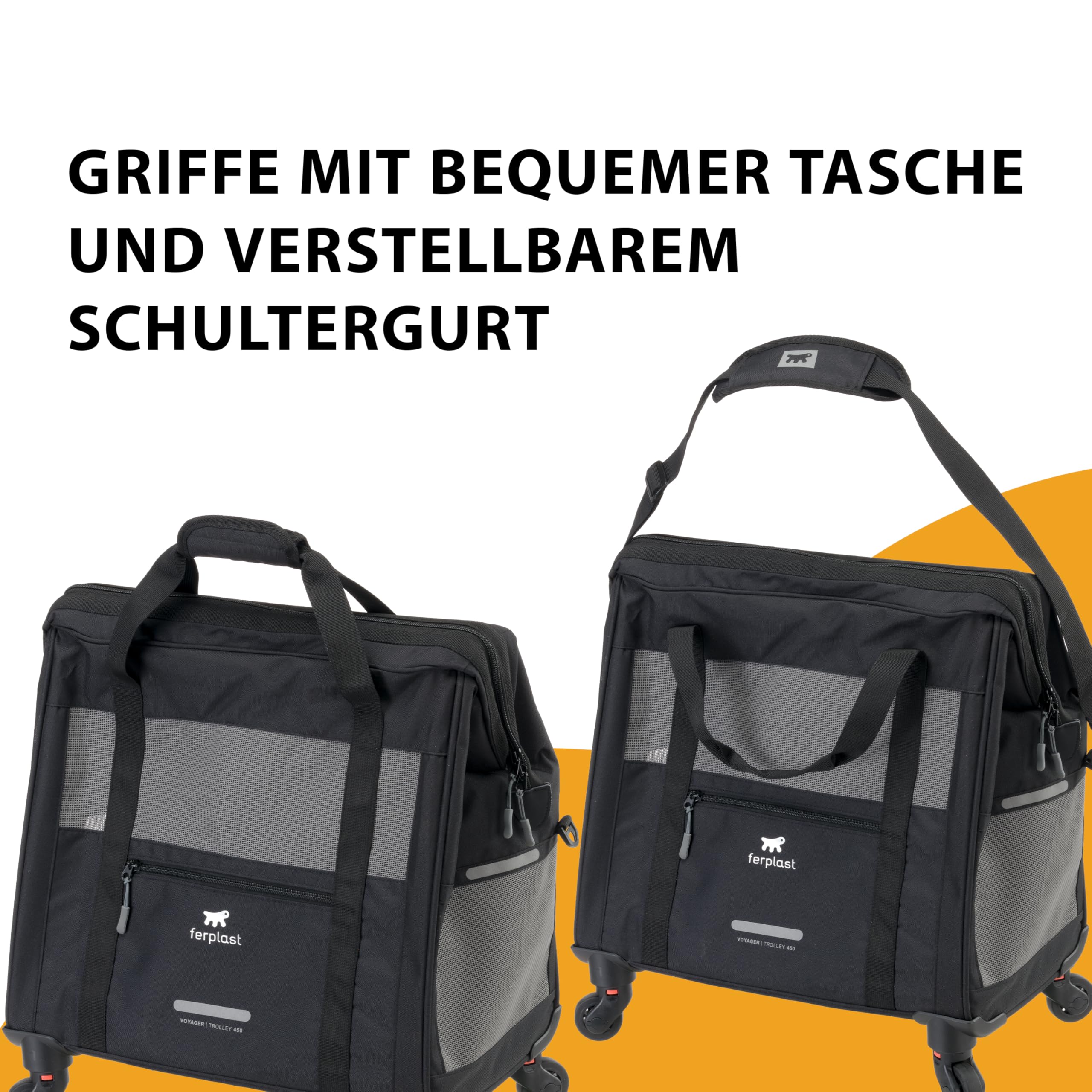 Ferplast Hundebox Voyager Trolley, Transportbox Katze, Hundetasche, ausziehbarer Griff, verstellbare Gurte, breite Öffnung, abnehmbare Räder, max. 15 kg, 46 x 26 x 48H cm, Schwarz