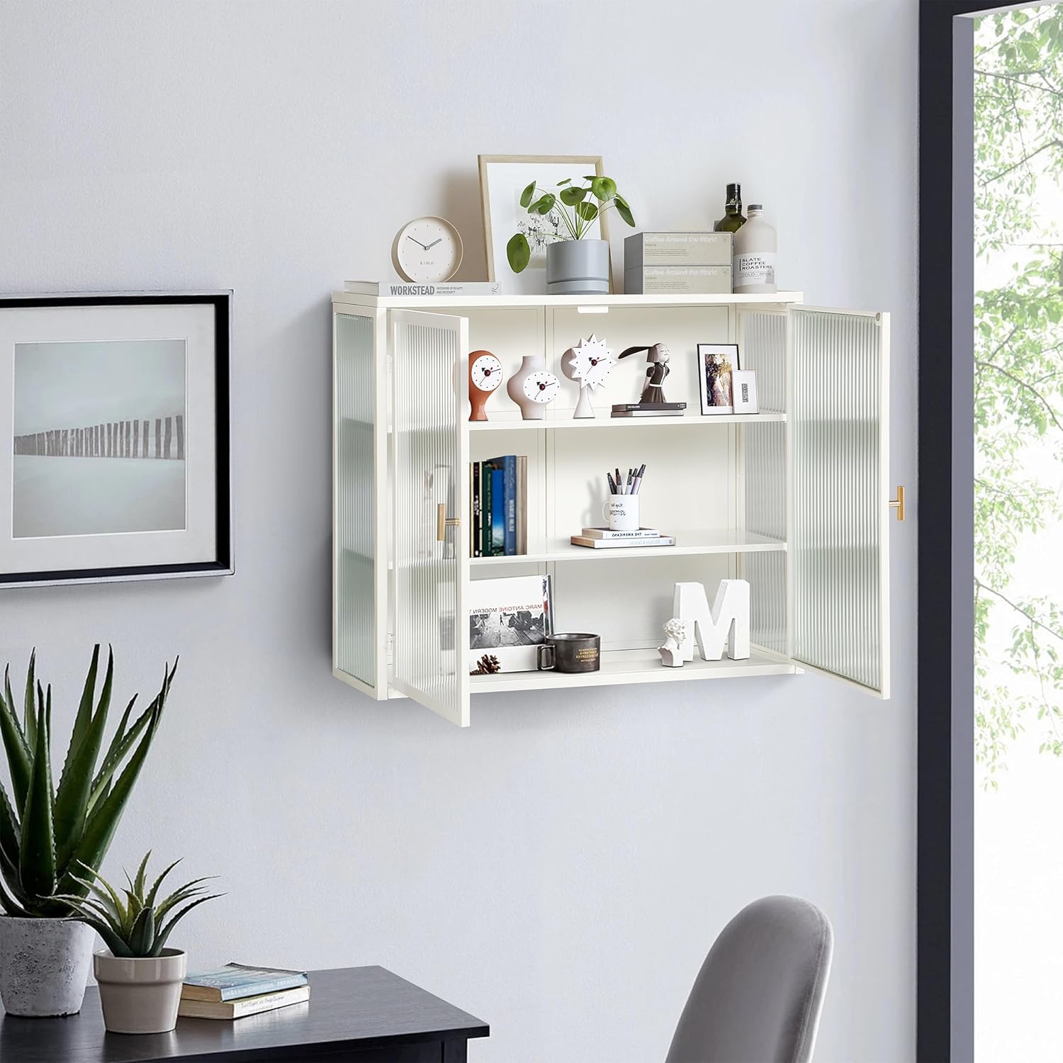 Metal Wall Cabinet with Glass Doors 3-Tier Wall Mounted Storage Cabinet with Detachable Shelves Modern Medicine Cabinet for Kitchen Bathroom Living Room, White