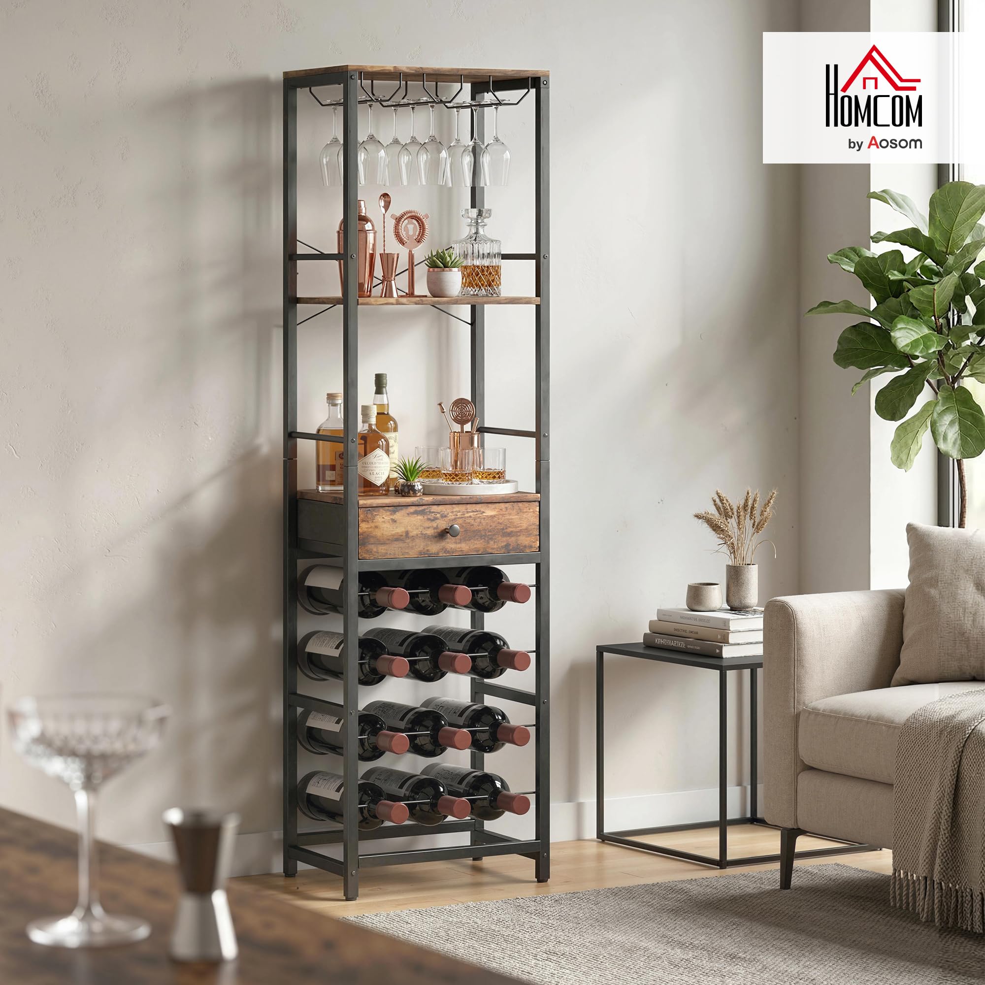 HOMCOM Portabottiglie Vino per 12 Bottiglie e Cassetto Marrone Rustico | Porta Bottiglie di Vino, Mensola Aperta, Design Industriale, per Cucina Soggiorno