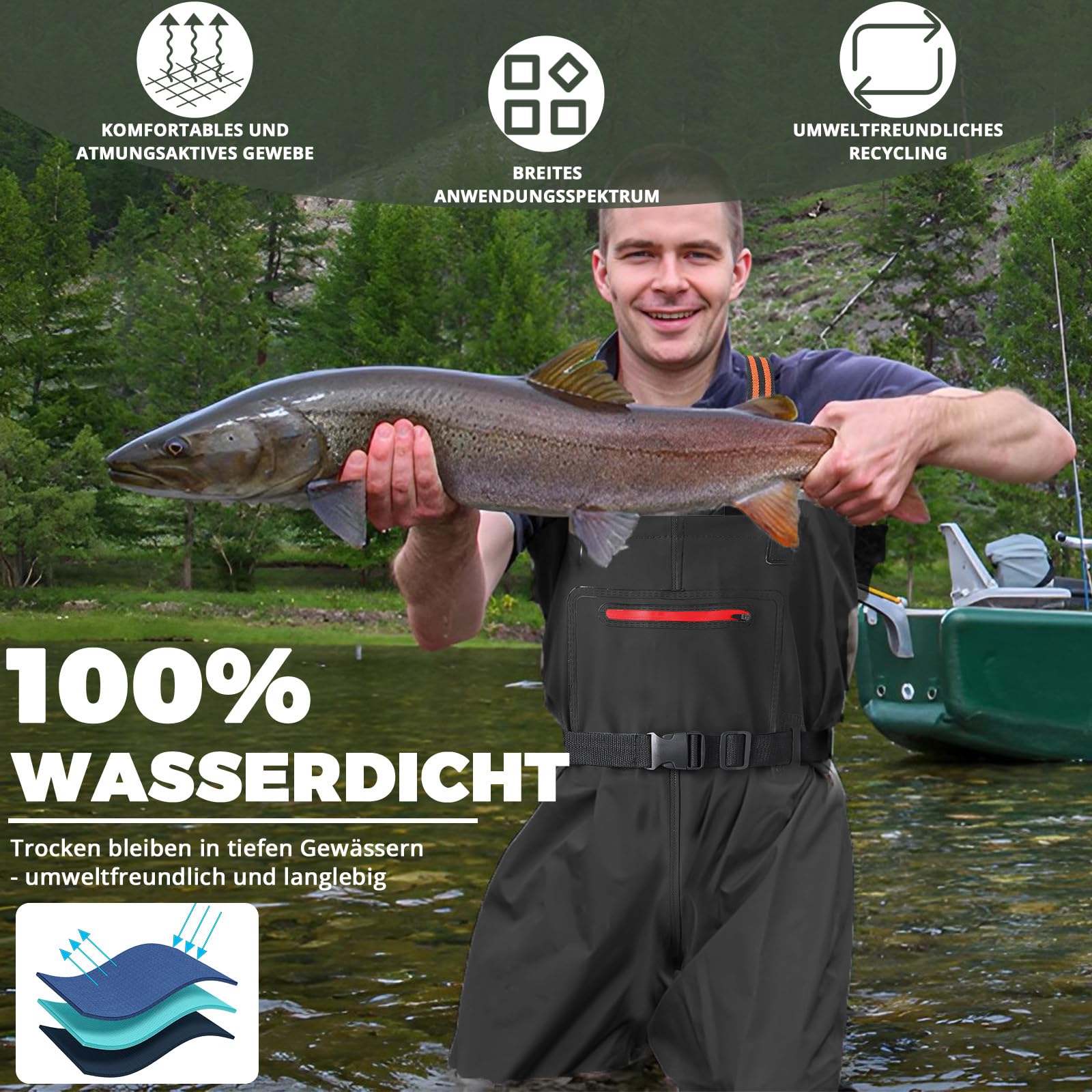 YOOHBERRYS Wathose Herren Damen, Angelhose für Erwachsene mit Stiefel, Atmungsaktive Wasserdicht Wathose für Angeln für Sport Angelliebhaber, Angeln, Wassersport, Outdoor Aktivitäten