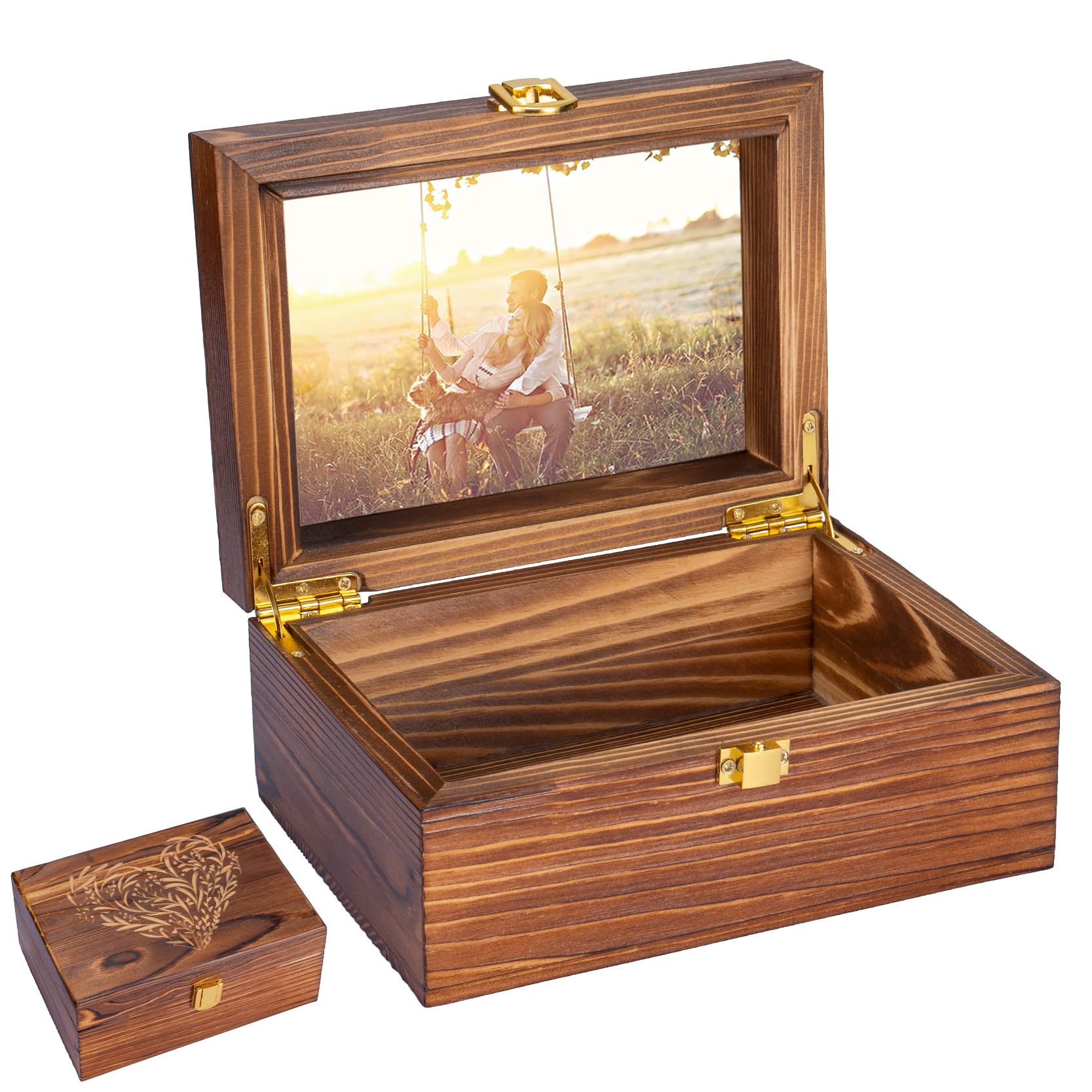 Small Wooden Memory Keepsake Boxes With Hinged Lids and a photo frame inside the lid - Decorative Storage Box With a Hinge Lids For Picture Letter Time Capsule - Wooden Gift Boxes，3.1“*5.1”*7.1“ Carbo