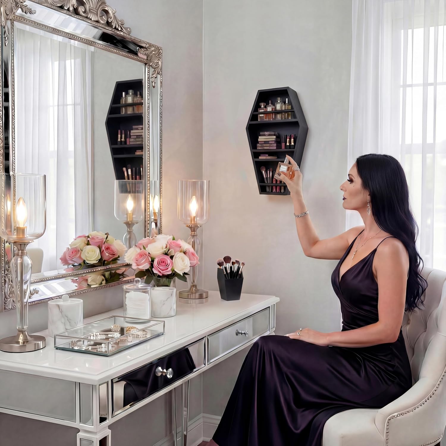 MANNY'S MYSTERIOUS ODDITIES Coffin Shelf Gothic Makeup Organizer Set with Brush Holder & Gift Box, Gothic Decor Accent for Glam Vanity or Spooky Gifts Display - 15 Inches by 8 Inches