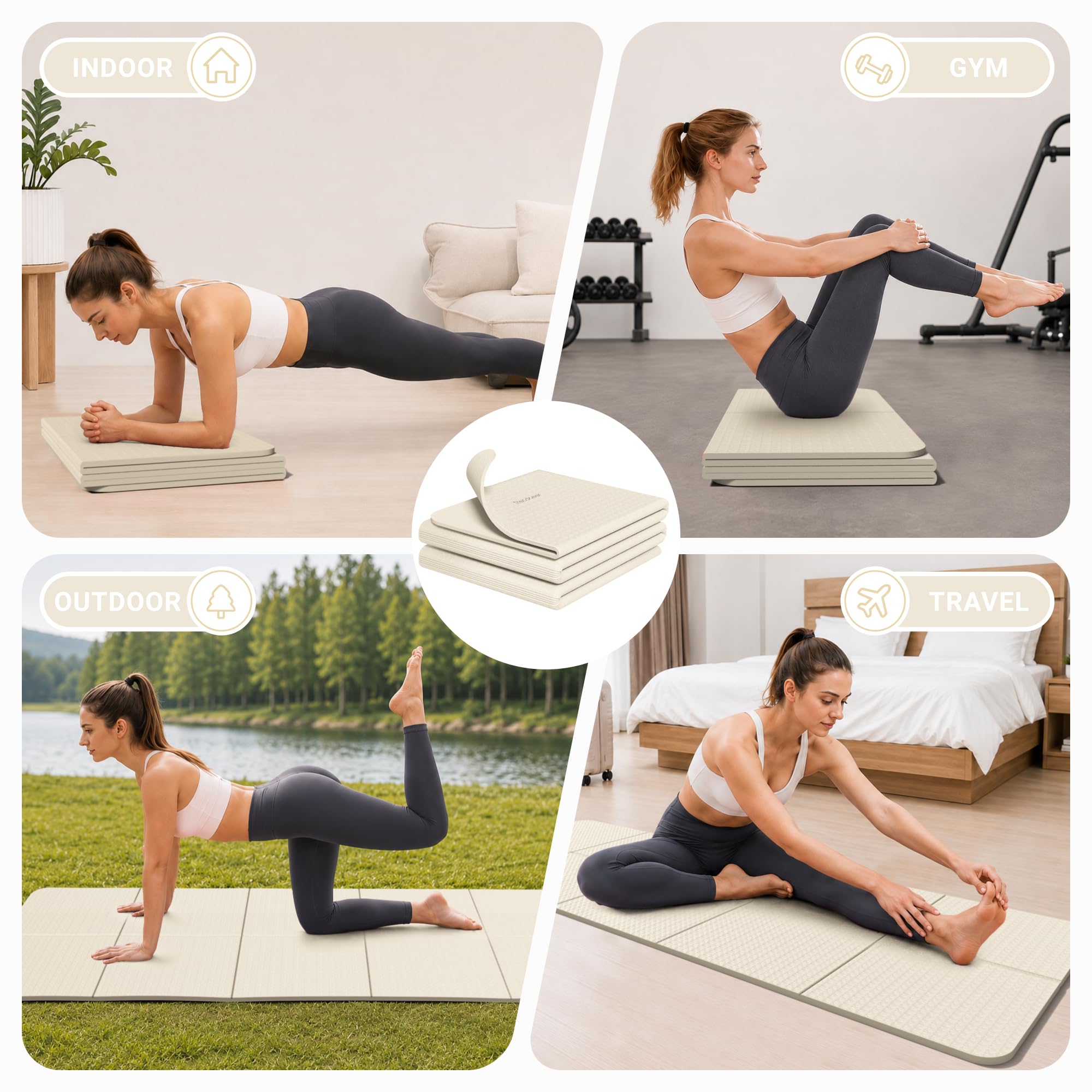 READAEER Tappetino da yoga pieghevole da viaggio, spessore 6 mm, con borsa per il trasporto, tappetino antiscivolo in TPE per esercizi pilates (bianco)