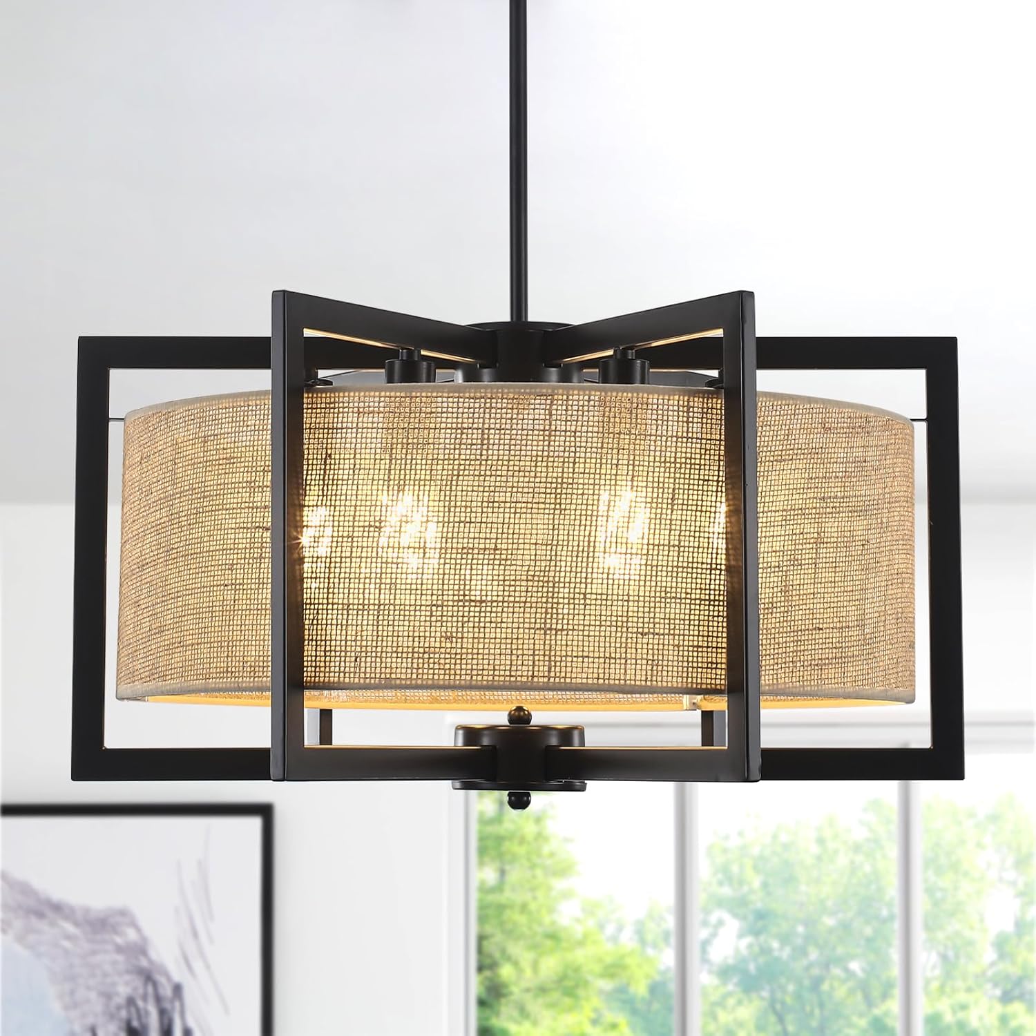 ALISADABOY Modern Black Chandeliers for Dining Room 21.25’’ Inches Contemporary Geometric Drum Chandelier 6 Light Industrial Pendant Light Fixture for Entryway Foyer Hallway