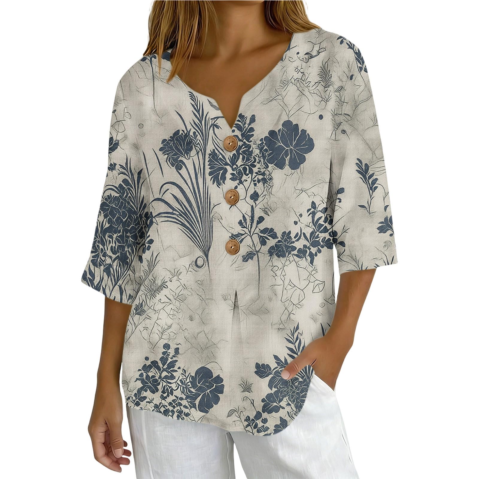 Bluse Damen Elegant V-Ausschnitt Oberteile 3/4 Arm Sommer T-Shirt Einfarbig Knopfleiste Leinenblusen Retro Lässig Locker Blusenshirt Basic Tunika Shirt Urlaub Leicht Hemdbluse Druck Top