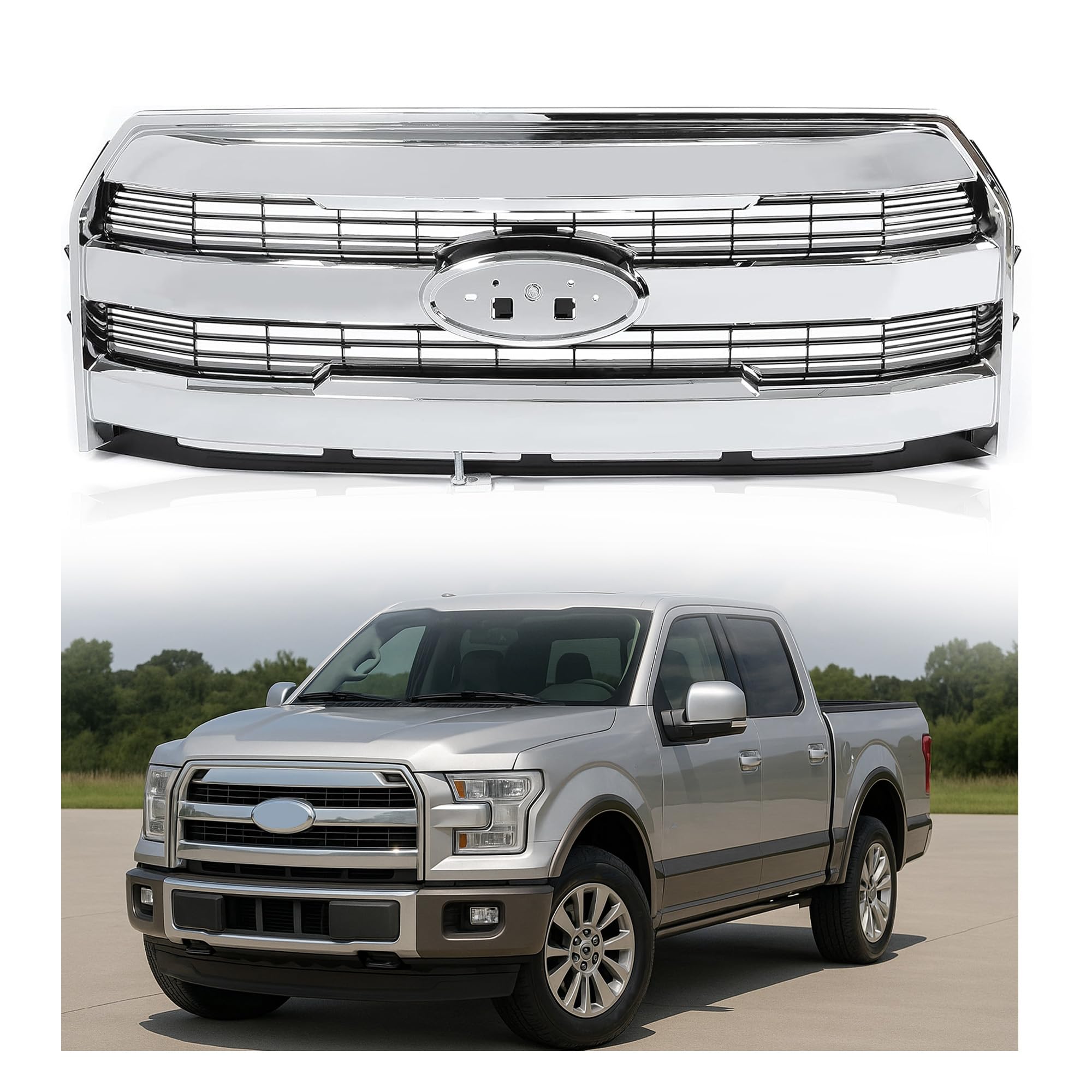 Front Bumper Chrome Grille For 2015-2017 Ford F-150 (No Camera Cut-Out)
