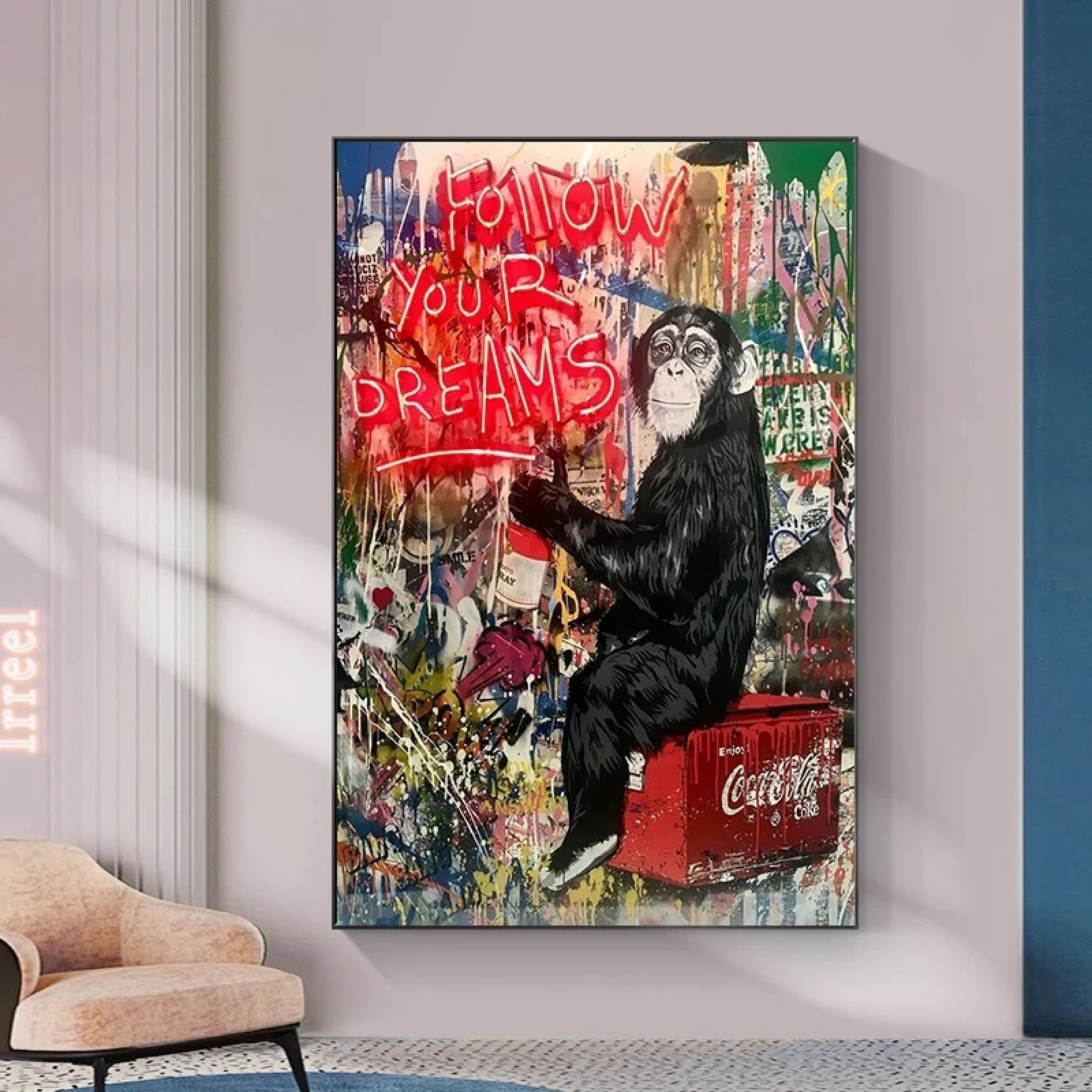 ADOHOME Graffiti Art Poster Follow Your Dreams Monkey Canvas Art Print Wall Art Paintings Banksy Picture for Living Room Decor 80x120cm Frameless